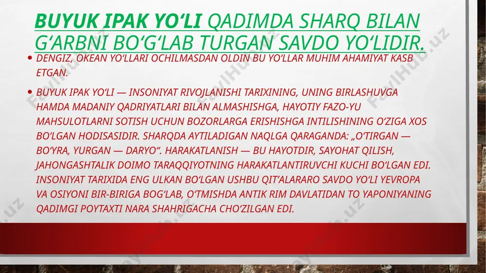 acha cho‘zilgan. umuman olganda, buyuk ipak yo‘lining janubiy tarmog‘i o‘zgan orqali o‘shga o‘tib, quva, marg‘ilon, qo‘qon orqali xo‘jand, samarqand, buxoroga o‘tgan. buyuk ipak yo’li tarixi shimoliy yo‘nalishi xazor hoqonligi va bulg‘or davlati orqali kiyev rusi va yevropa mamlakatlariga borib, bu tarmoq vi asrdan boshlab rivojlangan. buyuk ipak yo‘lining karvon yo‘llaridan tashqari ichki savdo yo‘llari ham mavjud bo‘lgan. savdogarlar mol-mahsulotdan tashqari turli fan va madaniyat sohalari yangiliklarini ham keltirgan. sug‘diyonadan xitoyga jun-gazlama, gilam, qimmatbaho toshlar, bezaklar va ko‘p boshqa buyumlar olib borilgan. baqtriyadan tuyalar olib borilgan bo‘lsa, farg‘onadan zotdor otlaru hindistondan ziravorlar, kumush va fil suyagidan ishlov berilgan buyumlar olib kelingan. buyuk ipak yo`li temuriylar davrida. buyuk ipak yo`lining shuhrati ayniqsa, xiv asrning ikkinchi yarmi va xv asrda, ya`ni amir temur qudratli markazlashgan davlat barpo etish barobarida uning barcha hududlarida tinchlik va osoyishtalik o`rnatdi. uning o`zi tuzuklarida: «dunyoning yarmini oldim, salatnatimning u chetida bu chetiga biror bolakay boshida bir lagan tillo …