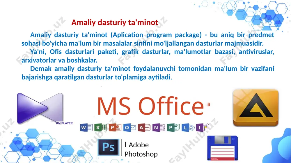 . 3 ko'cherish o’tish manzilni oʻzgartirish. 4 o'chirish o'chirish 9 windows fayl tizimlari: ntfs, fat32, exfat - taqqoslash va tanlash fayl tizimi ntfs fat32 exfat afzalliklar xavfsizlik, oʻlcham muvofiqlik katta fayllar kamchiliklar muvofiqlik faylning oʻlchami функционал 10 dasturlarni boshqarish: dasturlarni oʻrnatish, oʻchirish, ishga tushirish o'rnatish oʻnatuvchini ishga tushirish. ishga tushirish ikki marta bosish. o’chirish boshqaruv paneli orqali. 11 windows moslamalari: personalizatsiya va tizim parametrlari обои 1 mavzu 2 tovush 3 til 4 12 windows xavfsizligi: antivirus himoyasi va brandmauer антивирус viruslardan himoya qilish. брандмауэр tarmoq trafigini boshqarishа. обновления muhim himoya. 13 keng tarqalgan muammolarni hal etish: diagnostika va nosozliklarni bartaraf etish 1 diagnostika 2 yechimni qidirish 3 bartaraf etish 14 tibbiyotda windows dan foydalanish: amaliy dasturlarga misollar rasmni tahlil qilish diagnostika dasturlari bilan ishlash elektron kartalar bemor ma'lumotlarini kiritish. teletibbiyot онлайн консультации. 15 tibbiy dasturiy ta’minot - bu qog’ozbozlikni qisqartirish, bemorning faolligini kuzatish kabi tibbiy kontekstda ishlatiladigan har qanday dasturiy …