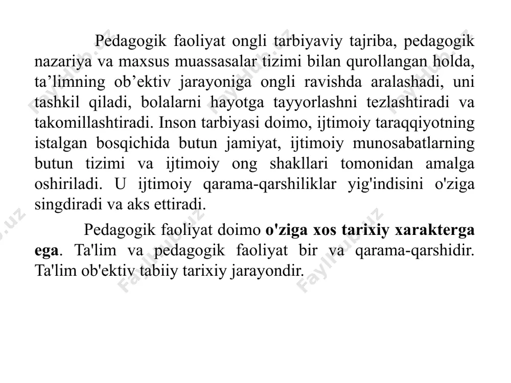 shilik va nomuvofiqliklarga olib kelishi mumkin. 3. jamiyatdagi ta’limning maqsadi – kishilarning hayotiy ehtiyojlarini qondirishdir. pedagogik faoliyat bolaning butun hayotini pedagogik ta'sir bilan qamrab olib, dunyoqarash, ehtiyojlar, xulq-atvor shakllari, shaxsiy fazilatlar kabi ma'lum muhitni shakllantirish maqsadini ko'zlaydi.. 4. ta’lim ishlab chiqaruvchi kuchlarni tayyorlash ijtimoiy funksiyasiga ega. pedagogik faoliyat bunday tayyorgarlik bilan bir qatorda shaxsning ma'lum bir turini shakllantirish va individuallikni rivojlantirish vazifasini qo'yadi. 5. ta'limda bolalarga ta'sir qilish vositalari ijtimoiy munosabatlarning yig'indisi va bolalarning faol tashabbusi bo'lib, bu shaxsning shakllanishi natijalarining ma'lum bir stixiyali, oldindan aytib bo'lmaydiganligiga olib keladi. pedagogik faoliyat ongli ravishda stixiyalilikni yengish, uyushqoqlik, rejalashtirilgan maqsadlarga erishish uchun bolalarning mazmuni va faoliyatini diqqat bilan tanlashga intiladi. 6. ta’limda hamma ishtirok etadi: kattalar va bolalar, narsa va hodisalar, tabiat va atrof-muhit. pedagogik faoliyat ijtimoiy ideallarni amalga oshirishga, tabiat, atrof-muhit va jamoatchilik ta'sirini tashkil etishga chaqirilgan maxsus tayyorlangan mutaxassislar, o'qituvchilar tomonidan ifodalanadi. 7. ijtimoiy munosabatlarning takomillashuvi va ijtimoiy muhitning tashkil …