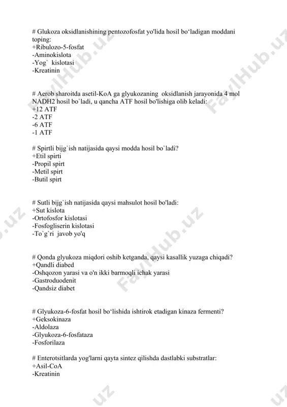 lishi bilan amalga oshadigan glutamin kislotasining oksidlanishli dezaminirlanishi qayerda kechadi: +mitoxondriyada -oshqozonda -o`pkada -yadroda # qaysi biogen amin qon tomirlarni toraytiruvchi ta’sir ko‘rsatadi: +serotonin -triptofan -glitsin -alanin # biogen amin berilgan javobni belgilang: +dofamin -mochevina -alanin -glyukoza # qaysi metabolit qon tomirlarini kengaytiradi? +gistamin -mochevina -alanin -glyukoza # ichak mikroflorasi ta'sirida tirozindan qanday zaharli modda hosil bo'ladi? +fenol -alanin -glitsin -albumin # chaqaloq siydigida mochevina sintezi oraliq mahsuloti bo`lmish sitrulin, qonida ammiak konsentratsiyasining oshishi kuzatiladi. bu holat qaysi moddaning hosil bo`lishi buzilishi bilan bog`liq? +mochevina -siydik kislota -sitrat -kreatin # siydikda gomogentizinat kislota (alkapton) miqdori oshishi aniqlandi. havoda siydik qoraydi. qanday fermentopatiyada bu holat kuzatiladi? +alkaptonuriya -albinizm -fenilketonuriya -akatalaziya # bola siydigida va qonida miyasiga zaharli ta’sir ko‘rsatadigan fenilpiruvatning to‘planishiga sabab? +fenilalanin-4 gidroksilazaning yetishmovchiligi -tirozinazaning yetishmovchiligi -tripsinning aktivlanishi -oksaloasetatning ortishi # ammiakning zararsizlantirlish yo‘llari... +barchasi to‘g‘ri -qaytarishli aminirlanish -mochivena sintezi, glutamin hosil bo‘lishi -ammoniygenez, aspargin hosil bo‘lishi # tarkibida purinli …