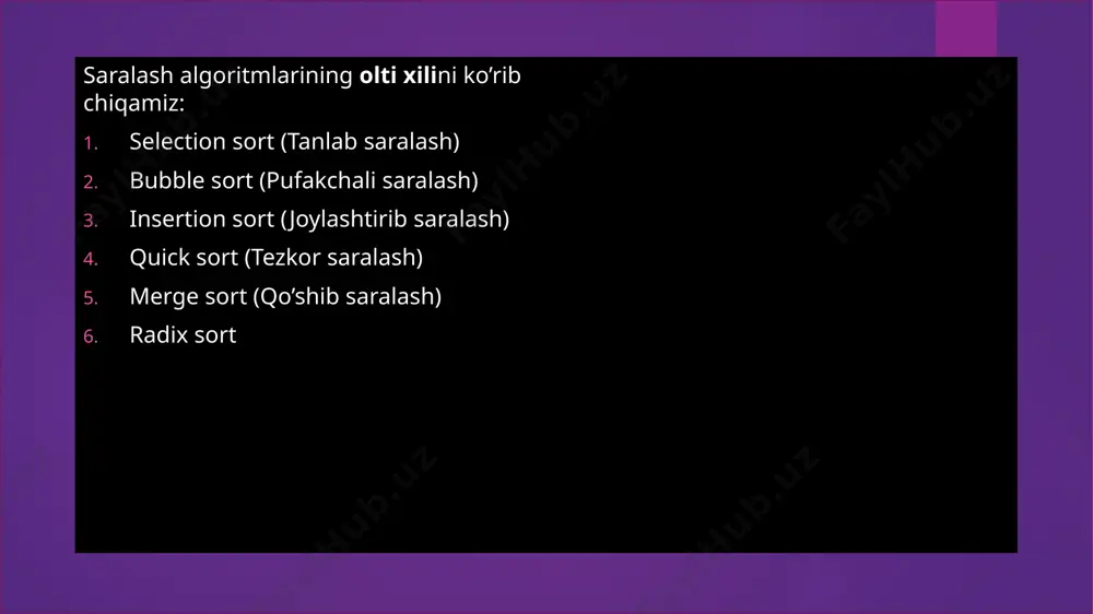 yaratadi va keyin daraxtlarni (tartibda) kesib o'tadi, shunda elementlar tartiblangan tartibda chiqadi. uning odatiy ishlatilishi - bu onlayn tarzda saralash elementlari: har bir qo'shilgandan so'ng, hozirgacha ko'rilgan elementlar to'plami tartiblangan tartibda mavjud. e’tiboringiz uchun rahmat!!! image6.jpg image7.jpg image8.jpg image9.png image10.jpg image2.png image3.png image4.png image5.png /docprops/thumbnail.jpeg
