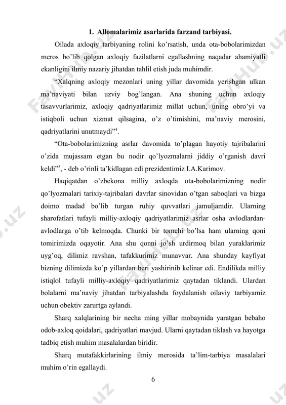 ojibning “qutadg’u bilig”, ahmad yugnakiyning “hibbatul haqoyiq”, kaykovusning “qobusnoma”, shayx sa’diyning “bo’ston va guliston”, jomiyning “bahoriston”, alisher navoiyning “hayrat-ul abror” va “mahbub-ul qulub”, nizomul-mulkning “siyosatnoma” kabi pandnoma, nasihatnoma tarzda yozilgan asarlari kiradi. shuningdek, o’tmishda diniy-tasavvufiy asarlar ham yozildiki, ularda bolalarni ma’naviy-axloqiy tarbiyalash masalalari ilgari surilgan bo’lib, ular ma’naviyatimiz tarixida munosib o’rin egallaganlar. imomo al-buxoriy, imom al-termiziy, ahmad yassaviy, az-zamaxshariy, sulaymon boqirg’oniy, bahouddin naqshband, najmiddin kubro va boshqalar shular jumlasidandir. “bizga tarixdan ma’lumki, qadimgi yunon faylasuflari aflotun va arastu bola tarbiyasini jamiyat o’z ixtiyoriga olishi, tarbiya jarayonidagi barcha zarur ishlarni davlat bajarishi lozim”,6 - degan g’oyani ilgari surgan edilar. bu g’oya fransuz xayoliy sosialistlari sen-simon, sharl fure va david rikardolarning asarlarida keyinchalik rivojlantirildi. ular o’z fikrlarini farzand tarbiyasi jamiyat manfaatlari bilan bog’liq deb isbotlamoqchi bo’lganlar. shunga ko’ra, bola tarbiyasi bilan asosan davlat shug’ullanishi kerak, degan g’oyani ilgari surganlar. ammo sharq mutaffakkirlari, bola tarbiyasi bilan ota-ona shug’ullanishi kerak, degan xulosaga kelganlar. bu …