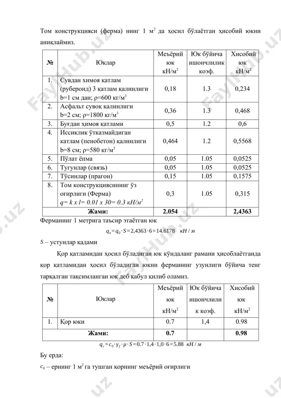 а олувчи коэффициент (кмк 2.01.07-96 4.9 банд) – кран оёғидан рельсга таъсир этаётган босим (1-жадвалдан олинади) – кран оёғидан рельсга таъсир этаётган энг кичик босим – краннинг юк кўтариш қобилияти – краннинг тўлиқ оғирлиги (1 – жадвалдан олинади) – краннинг бир томондаги оёқларининг сони ( та) – кран остидаги тўсин оғирлиги кран ости тўсини ўлчамларини бикрлик шартларига кўра аниқлаймиз. ; қабул қиламиз; шартга кўра кран ости тўсини деворчаси қалинлигини аниқлаймиз. , қабул қилинган ўлчамларга асосан кран ости тўсини қисмларининг кесим юзаларини аниқлаймиз. , кранлардан ҳосил бўладиган вертикал босим устуннинг марказ оғирлигидан узоқроқда таъсир қилиши сабабли, устунда эгувчи момент ҳосил бўлади. – кран ости тўсинининг ўқидан устуннинг пастки қисми ўқигача бўлган масофа устунга таъсир этаётган ҳисобий горизонтал босим кучи (кранлар аравачаси тормоз бериши натижасида пайдо бўлади) қуйидаги формула орқали аниқланади. бу ерда: – ишқаланиш коэффициенти – аравачани оғирлиги (1-жадвалдан олинади) горизонтал куч кўндаланг рамани бир томондаги устунига таъсир этади деб қабул …