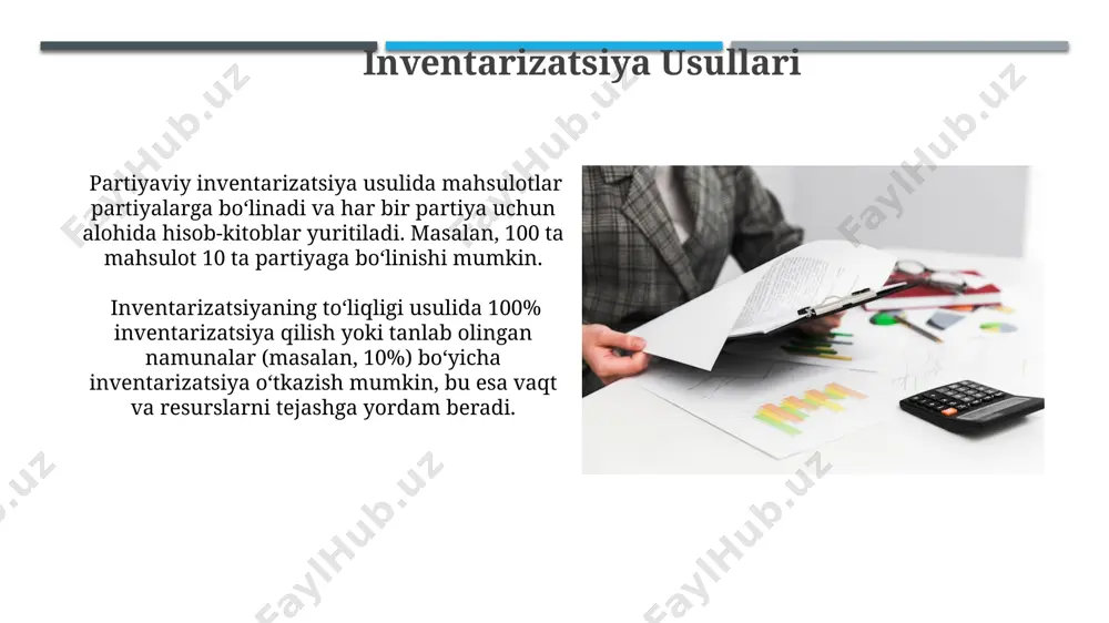 i standartga ko'ra, zaxiralarni fifo yoki lifo usullaridan biri yordamida baholashni, ya'ni birinchi kelgan birinchi chiqqan yoki oxirgi kelgan birinchi chiqqan usullarni talab qiladi. abs, 154-sonli standartga muvofiq, moliyaviy hisobotlarni tayyorlashda foydalaniladigan asosiy hisob siyosatini, shu jumladan daromad tan olish va xarajatlar hisobga olish usullarini batafsil bayon qilishni talab qiladi. audit va tekshiruvlar tekshiruvlar davomida aniqlangan moliyaviy hisobotlardagi 5% dan ortiq xatolar, auditorlik fikrini salbiy ta'sir qilishi mumkin va qo'shimcha tekshiruvlarni talab qilishi mumkin. kichik va o'rta korxonalar (kkk) uchun soddalashtirilgan audit usullari mavjud bo'lib, ular standart auditdan farqli ravishda, kamroq miqdordagi hisobotlar va kamroq vaqt sarfini talab qiladi. qayta baholash usullari qayta baholash usullarida amortizatsiya hisob-kitobi muhim ahamiyatga ega bo'lib, masalan, 5 yillik foydalanish muddatiga ega aktivning yillik amortizatsiyasi uning boshlang'ich qiymatining 20% ni tashkil etadi. inventarizatsiya qiymati va qoldiq narxi o'rtasidagi farqni hisobga olishda, aytaylik, 50 ta tovar qoldig'ining har biri 50 so'mdan arzonlashtirilsa, 2500 so'mlik yo'qotish hisobga …