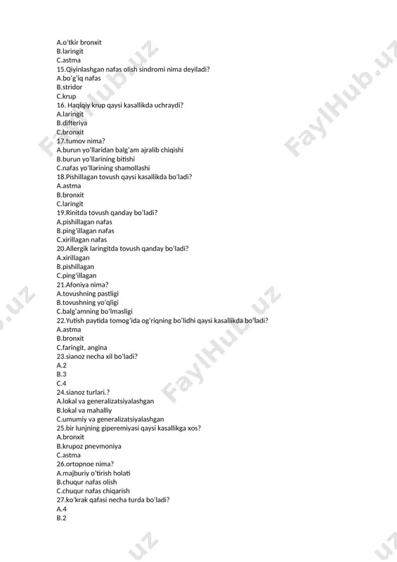 a xil bo’ladi? a.2 b.3 c.4 24.sianoz turlari.? a.lokal va generalizatsiyalashgan b.lokal va mahalliy c.umumiy va generalizatsiyalashgan 25.bir lunjning giperemiyasi qaysi kasallikga xos? a.bronxit b.krupoz pnevmoniya c.astma 26.ortopnoe nima? a.majburiy o’tirish holati b.chuqur nafas olish c.chuqur nafas chiqarish 27.ko’krak qafasi necha turda bo’ladi? a.4 b.2 c.3 28.ko’krak qafasining astenik turida epigastral burchak qanday bo’ladi? a.90 gradusdan kichik b.90 gradusdan katta c.90 gradusga teng 29.epigastral burchak 90 gradusdan kata bo’lishi qaysi ko;krak qafasi turiga xos? a.giperstenik b.normostenik c.astenik 30.normostenik ko’krak qafasida epigastral burchak necha gradusga teng bo’ladi.? a.45 b.120 c.90 31.palpatsiya turlari.? a.yuza va chuqur b.haqiqiy va soxta c.yuza, chuqur va va yarim chuqur 32. palpatsiyada qovurg’alar oraliqlari shishib, bo’rtib chiqishi qaysi kasallikda bo’ladi? a.quruq plevritda b.ekssudativ plevrit c.astmada 33.palpatsiyada krepitatsiya qaysi kasallikda bo’ladi? a.ekssudativ plevritda b.quruq plevritda c.teri osti emfizemasida 34.palpatsiyada plevra ishqalanish shovqini qaysi kasallikda bo’ladi? a.bronxitda b.plevritda c.astmada 35.perkussiya turlari? a.bevosita va bilvosita b.bevosita va to’g’ridan to’g’ri c.yuza …