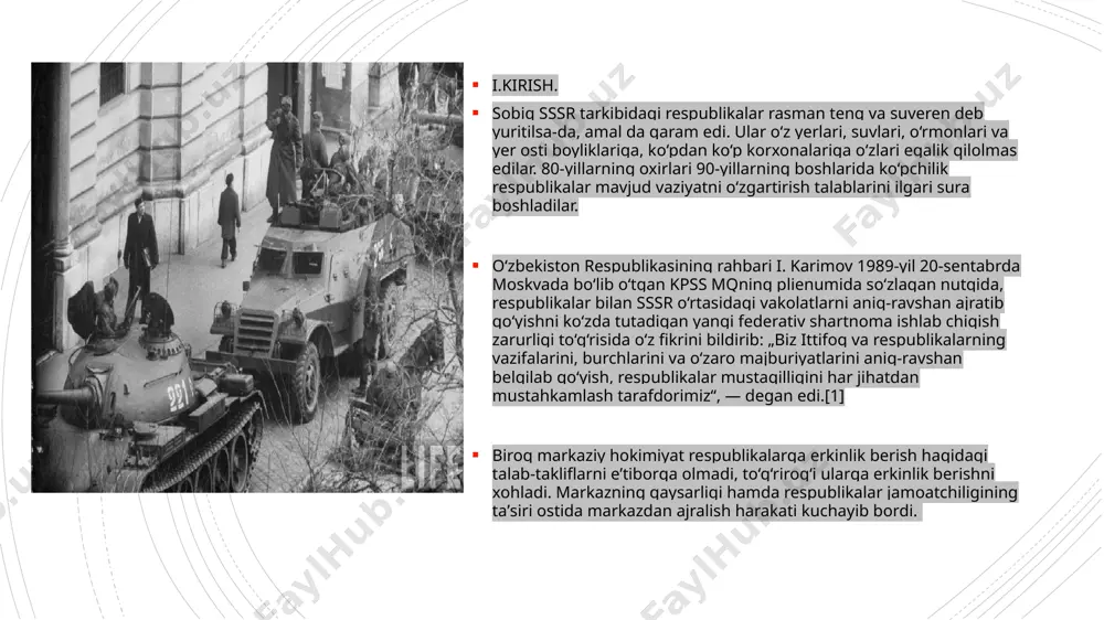 a doir kechiktirib bo‘lmay di gan choralar to‘g‘risida“ qo‘shma bayonot imzolandi. bu huj jat „9+1“ (9 respublika + markaz) degan nomni oldi. uning mazmuni markazning yon berganini, kiyevda bil dirilgan fikr-muloha zalarga rozi bo‘lganini ko‘rsatadi. 1991-yil 3-iyunda novo-ogoryovoda sssr oliy soveti vakillari bilan respublika rahbarlari o‘rtasida uchrashuv bo‘ldi. uchrashuvda mustaqil davlatlar ittifoqi (mdi) tuzish masalasi muhokama qilindi. mulk, til va yangi shartnomani tasdiqlash tartibi to‘g‘risida keskin munozara bo‘ldi. uchrashuvda ishtirokchilarning fikr-mulohazalari asosan inobatga olingan "mustaqil davlatlar ittifoqi to‘g‘risida shart noma" loyihasi ishlab chiqildi. loyiha barcha respublikalar oliy sovetlariga muhokama uchun jo‘natildi. mazkur shartnoma loyihasi o‘zbekiston oliy sovetida 1991-yil 14-iyunda muhokama qilindi. kengash federatsiya tamoyillari asosida mustaqil davlatlar ittifoqini tuzish tarafdori ekanligini bildirdi. shu bilan birga, respublikalar vakolatlarini yanada kengaytirishga doir takliflarni ilgari surdi. 1991-yil iyul oyining oxirlarida novo-ogoryovoda yangi shartnoma loyihasini uzil-kesil tayyorlash uchun markaz vakillari va respublikalar rahbarlarining uchrashuvi bo‘ldi foydalangan adabiyotlar: 1. муртазаева р.х. ва boshqalar. o`zbekiston tarixi. …