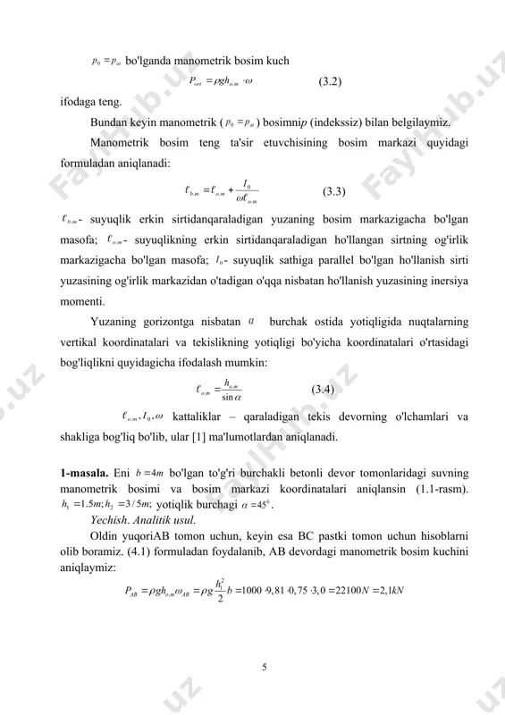 kazish tartibi. 1. suv idishi 1 tulgandan keyin quvur 2 orqali jumrak 3 ni asta-sekin ochish yo’li bilan suv oqimi utkaziladi. 2. suv oqimi turg’unlashgandan keyin 1-1 va 2-2 kesimlardagi suv sathi pezometrlar yordamida o’lchanadi. 3. h1 va h2 qiymatlari bo’yicha napor yo’qolishi qiymati hisoblanadi: h1-2 = h1 - h2 , m (3.2) 4. quvurdagi suvning barqaror xarakati uchun hajmiy usulda suv sarfi aniqlanadi. , sm3/s, (3.3) w-bakda yig’ilgan suv hajmi, sm3; t-suvning yig’ilishi uchun ketgan vaqt, sekunti. 5. quvur jonli kesim yuzasi teng: (3.4) 6. quvurdagi suvning o’rtacha tezligi quyidagicha aniqlanadi: . (3.4) 7. darsi-veysbax formulasidan foydalanib quvur uzunligi bo’yicha gidravlik 4.1qarshilik koeffitsientini aniqlaymiz: ​​​​​ 4.1-jadval o’lchashlar va hisoblar natijalari 4.1-jadvalga yoziladi. tajr. № ,sm ,sm he, sm w, sm3 t, sek q, sm3/s (, sm2 (, sm/s (taj (, sm2/s re (naz 1 34,0 11,1 22,9 0,049 35 0,0014 0,00126 1,107 0,053 20 2324 0.02 2 34,3 22,3 …