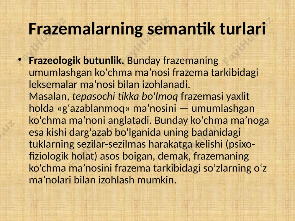 nutqda yaxlit holda bitta sintaktik vazifada qoilanadi. farqlari: 1) frazeologik butunlik tarkibidagi so’zlarning ma’nolari frazemaning ko’chma ma’nosini izohlaydi. frazeologik chatishmada esa so’zlar ma’nosi bilan frazema ma’nosi (frazeologik ma’no) o’rtasida bunday aloqa yo’q; 2) frazeologik butunlikning ma’nosida ichki obraz saqlanadi: tarkibidagi so’zlarga xos ma’nolar sezilib turganligidan frazemaning ma’nosi ko’p qirrali, boy bo’iadi. frazeologik chatishma ma’nosining gavdalanishida esa frazema tarkibidagi so’zlarning ma’nolari ishtirok etmaydi, shuning uchun unda ichki obraz so’nggan bo’iadi. e’tiboringiz uchun rahmat image1.jpeg /docprops/thumbnail.jpeg