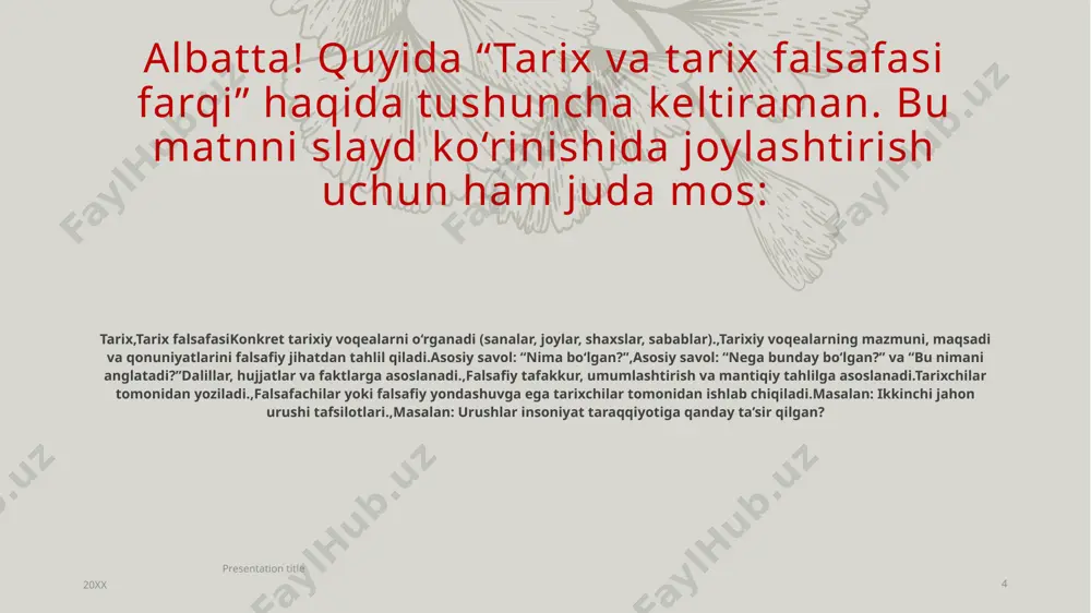 dernizm – tarixning yagona haqiqatdan iborat emasligi, ko‘plik, talqinlar xilma-xilligi g‘oyalari ilgari surildi. 3. marksistik tarix falsafasining ta’siri • ayrim mamlakatlarda marksistik yondashuv hukmron bo‘ldi. • ammo xx asr o‘rtalaridan boshlab, unga ham tanqidiy munosabat kuchaydi. 4. tarix metodologiyasi rivojlandi • tarixiy izoh, dalil, sabab, tafsir kabi tushunchalarga e’tibor kuchaydi. • tarixni ilmiy tahlil qilish uchun interdisiplinar (bir necha fanlararo) yondashuvlar paydo bo‘ldi. 20xx presentation title 13 xulosa: xx asr tarix falsafasida turli yondashuvlar, tanqidiy qarashlar va filosofik tafsirlar orqali tarixga chuqurroq nazar tashlandi. keyingi slayd — postmodernizm va tarix bo‘ladimi? tayyorlab beraymi? 20xx presentation title 14 aristotel va platonning tarix falsafasiga oid qarashlari platon (mil. avv. 427–347-yillar) • platon tarixga mukammal g‘oya olami asosida yondashgan. • unga ko‘ra, dunyo va tarixiy voqealar — abadiy g‘oyalarning soyalari. • tarixiy voqealar haqiqiy bilim manbai emas, balki muayyan g‘oyaning akslari xolos. • u ideal jamiyat modelini “davlat” (respublika) asarida bayon qilgan. aristotel …