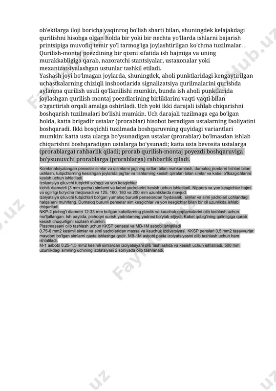 sh vazirligining hududiy trestlari yoki temir yo'llar vazirligining yo'l trestlari tomonidan amalga oshiriladi. boshqa vazirliklarning kirish va zavod ichidagi marshrutlarida signalizatsiya qurilmalarini qurishda, bu ish, qoida tariqasida, buyurtmachi vazirliklarning qurilish bo'linmalari tomonidan amalga oshiriladi. qurilish-montaj tresti yagona ishlab chiqarish-xo'jalik majmuasini ifodalovchi xo'jalik yurituvchi tashkilotdir. qurilish-montaj poezdlari - bu qurilayotgan ob'ektlarga iloji boricha yaqinroq bo'lish sharti bilan, shuningdek kelajakdagi qurilishni hisobga olgan holda bir yoki bir nechta yo'llarda ishlarni bajarish printsipiga muvofiq temir yo'l tarmog'iga joylashtirilgan ko'chma tuzilmalar. . qurilish-montaj poezdining bir qismi sifatida ish hajmiga va uning murakkabligiga qarab, nazoratchi stantsiyalar, ustaxonalar yoki mexanizatsiyalashgan ustunlar tashkil etiladi. yashash joyi bo'lmagan joylarda, shuningdek, aholi punktlaridagi kengaytirilgan uchastkalarning chiziqli inshootlarida signalizatsiya qurilmalarini qurishda aylanma qurilish usuli qo'llanilishi mumkin, bunda ish aholi punktlarida joylashgan qurilish-montaj poezdlarining birliklarini vaqti-vaqti bilan o'zgartirish orqali amalga oshiriladi. uch yoki ikki darajali ishlab chiqarishni boshqarish tuzilmalari bo'lishi mumkin. uch darajali tuzilmaga ega bo'lgan holda, katta brigadir ustalar (prorablar) …