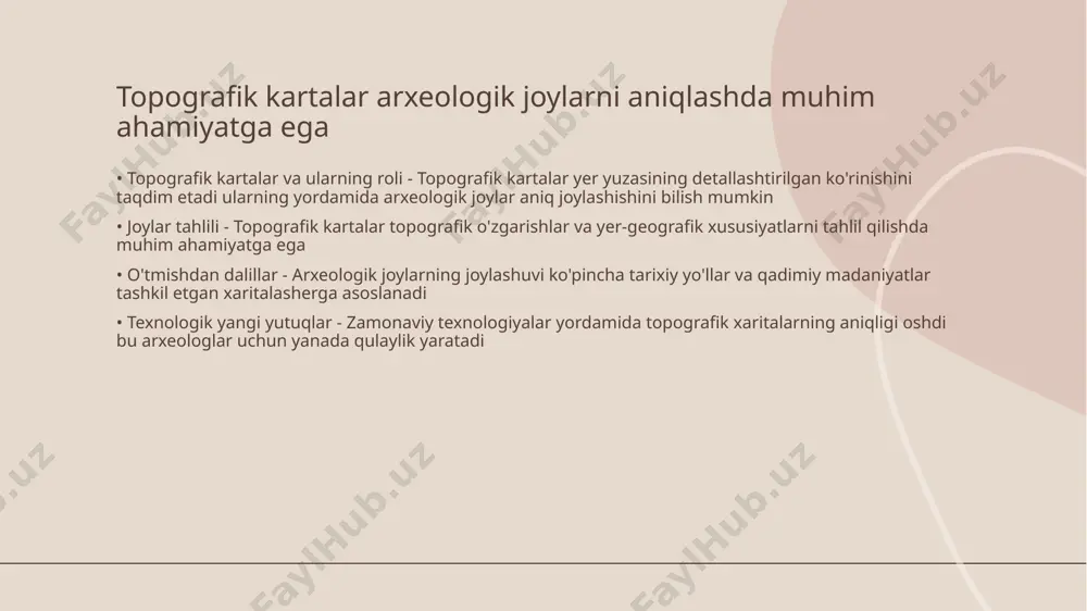 n foydalanish muhim hisoblanadi. topografik xaritalar arxeologik tadqiqotlar uchun qanday ishlatiladi • mintaqa tahlili - topografik xaritalar arxeologik joylashuvlarni o'rganishda muhimdir. ular mintaqadagi yer tuzilishini, tepaliklar va vodiylarni ko'rsatadi. • joylashuv aniqligi - xaritalar arkeologlarga hududdagi ma'lum ob'ektlar va yodgorliklar joylashuvini aniqlashda yordam beradi. topografik kartalarni gis texnologiyalari bilan birlashtirish • gis texnologiyalari haqida - gis yani geografik axborot tizimlari geografik ma'lumotlarni to'plash va tahlil qilishda foydalaniladi • topografik kartalar roli - topografik kartalar yer yuzasining xususiyatlarini aniqlashda muhim manba hisoblanadi • integratsiya afzalliklari - topografik kartalarni gis bilan birlashtirish maxsus tahlil imkoniyatlarini va aniqlikni oshiradi • ilovalar sohasi - shaharsozlik, ekalogiya va qishloq xo'jaligi sohalarida ushbu integratsiya keng qo'llaniladi topografik kartalar va arxeologik joylar o'rtasidagi bog'lanish • topografik kartalar - topografik kartalar maydonning reliefini va joylashuvini ko'rsatadi. ular zamin, tog'lar, daryolar va boshqa tabiiy ob'ektlarni o'z ichiga oladi. • arxeologik joylar - arxeologik joylar tarixiy va madaniy ahamiyatga ega …
