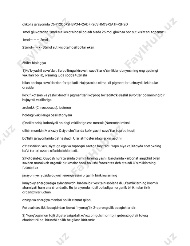 mliklarning fotosintez jarayoniyeryuzidaquyoshenergiyasiniorganikbirikmalarning kimyoviyenergiyasigaaylantiruvchibirdan-birvositahisoblanadi.o‘simliklarningkosmik ahamiyatiham anashundadir.bujarayondahosilbo‘ladiganorganikbirikmalartirik organizmlaruchun ozuqavaenergiyamanbaibo‘libxizmatqiladi. fotosaintezikkibosqichdaniborat1-yorug'lik2-qorong'ulikbosqichlaridir. 3)yong'oqsimontojlidigeterazigotalixo'rozbngulsimontojligeterazigotalitovuq chatishtirilibdibirinchibo'libbelgilashkiritamiz aabbaabbaabbaabbbo'lsayong'oqsimontojli aabbaabbbo'lsagulsimontojli aabbaabbbo'lsano'xotsimontojli aabbbo'lsaoddiytojlibo'ladi. bizdamasalaberilishibo'yicha aabbx aabb bularquydagirasm boyichaduragaylanadi shundafen:3:3:1:1nisbathosilbo'ladi 3tayong'oqsimon3tagulsimon1tano'xotsimon1taoddiy yozuvim unchachiroyliemasuzur 6-biletbiologiya 1)zamburug‘larplastidalariyo‘qgeterotroforganizmlardir.ular qadimgiorganizmlarhisoblanadi.zamburug‘larparazitvasaprofit holdahayotkechiradi.zamburug‘larning100000gayaqinturlari mavjud.zamburug‘larsuvo‘tlaridanxlorofillningyo‘qligi,bakteriyalardanesayadrogaega bo‘lishibilanfarqqiladi.zamburug‘larningvegetativtanasimitselliydeb atalib,ualohidaipchalar,ya’nigifalaryig‘indisidantashkiltopgan.zamburug'larningfoydali turlariham bor.masalan:achitqi,qo'ziqorinvaboshqazamburug'lar.achitqizamburug'idan hamirtayyorlashdafoydalaniladi.qo'ziqorinesaiste'molqilinadi. 2)biologiksintezreaksiyalarningto‘plamiplastikalmashinuv debataladi.moddaalmashinuvidabuturningnomiuningmohiyatibilanbog‘liq:hujayra tashqaridankelayotganoddiymoddalar hisobigao‘ziuchunzarurbo‘lganbirikmalarnihosilqiladi.hujayradadnksintezi.dnk molekulasiikkizanjirdantuzilganqo‘shspiralbo‘lganiuchununingsintezishuqo‘shspiralni yaratishdaniborat.buzanjirlarbir-birigato‘lakomplementar,ya’ni biriikkinchisinito‘ldiribturadi.dnkmolekulasiningsinteziuning boshlang‘ichqo‘shzanjiriningikkitaalohidazanjirlargaajralishiga vaularharbiriningstrukturasigamosikkinchizanjiryaratilishiga asoslangan.dnkzanjirlarinibir-b