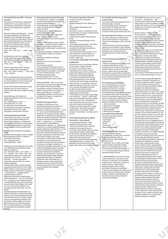 i. aminokislotalar molekulasida ham amino-, ham karboksil guruhlari bor geterofunksional birikmalardir.aminokislotalarni quyidagicha klassifikatsiyalash mumkin:  - organik birikmalarning sinflari boʼyicha va aminokislotalar;  -aminokislotalar tarkibidagi ikkita funksional guruhning bir-biriga nisbatan joylashishiga qarab α-,β -, γ-, δ-, ɛ- va hokazo aminokislotalarga,  -funksional guruhlarning soniga qarab esa monoaminomonokarbon, monoaminodikarbon, diaminomonokarbon va hokazo kislotalarga bo ‘linadi. fizikaviy xossalari boʼyicha:neytral, kislotali, asosli. -qoʼshimcha funksional guruhlari boʼyicha, masalan, oltingugurt tutuvchi aminokislotalar, oksiaminokislotalar, diaminokislotalar; biokimyoviy klassifikatsiyasi endogen yoki almashinishi mumkin bo’lgan α -aminokislotalar - bular inson va hayvonlar organizmida har xil organik birikmalardan hosil bo’luvchi α-aminokislotalar. ekzogen yoki almashinmaydigan, organizmga tashqaridan ovqat bilan kiradigan α-aminokislotalar. bular inson va hayvonlar organizmida hosil bo’lmaydi.aminokislotalar (oʼsimlik va hayvon organizmlarida topilgan) va sintetik (laboratoriyalarda sintez qilingan, tabiiy analoglari yoq) aminokislotalarga bo ‘linadi. tabiiy aminokislotalar esa oʼz navbatida proteinogen (oqsillar tarkibiga kiruvchi) va noproteinogen (oqsillar tarkibiga kirmaydigan) aminokislotalarga bo‘linadi. oqsillar va peptidlarning sinflanishi, biologik funksiyasi. oqsil tuzilishi va vazifalari boʻyicha …