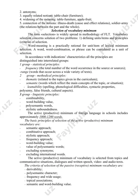 ), education - воспитание, образование. the choice of ways and techniques is a very important factor as it influences pupils’ assimilation of words. the choice of the way for conveying the meaning of a word depends on the following factors: 1. psychological factors: (1) pupils’ age: the younger the pupils are the better is the chance for the use of the direct way; (2) pupils’ intelligence: the brighter the child the more direct the way. 2. pedagogical factors: (1) the stage of teaching (junior, intermediate, senior) (2) the size of the class; in overcrowded classes the translation is preferable because it is economical from the standpoint of time required for presentation, so more time is left for pupils to do exercises in using the word. (3) the time allotted to learning the new words; when the teacher is pressed for time he turns to the translation; (4) the qualifications of …