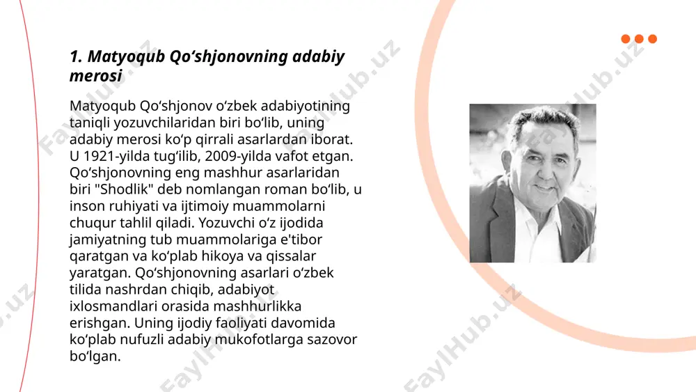 llangan. qoʻshjonov bir qancha ilmiy maqolalar va asarlar muallifi sifatida tanilgan. u 2000-yilda "oʻzbek xalq ertaklari" to‘plamini nashr etgan. qoʻshjonovning ilmiy faoliyati davomida u o‘zbek adabiyotining rivojlanishi va uning jamiyatdagi o‘rni haqida qimmatli ma'lumotlar taqdim etgan. uning tadqiqotlari o‘zbek adabiyotshunosligi va og‘zaki ijodiyoti bo‘yicha muhim manba hisoblanadi. ... t.me/slaydai_bot 7. matyoqub qoʻshjonovning modern adabiyotga qoʻshgan hissasi matyoqub qoʻshjonov zamonaviy adabiyotga oʻziga xos uslubi bilan katta hissa qoʻshgan adibdir. u 20dan ortiq kitob muallifi boʻlib, sheʼr, hikoya va roman janrlarida ijod etgan. uning asarlari koʻplab milliy va xalqaro mukofotlarga sazovor boʻlgan. 2015 yilda nashr etilgan "zamonaviy inson" romani zamonaviy jamiyat muammolarini yoritgan. qoʻshjonovning asarlari 5ta tilga tarjima qilingan boʻlib, adabiyot ixlosmandlarining yuksak bahosini olgan. 2020 yilda u adabiyot sohasida eng yaxshi ijodkor sifatida tan olingan va oʻz ijodi bilan kelajak avlodlarga katta ilhom bagʻishlamoqda. ... t.me/slaydai_bot qoʻshjonov nazariy qarashlarida milliy anʼanalarning roli muhim oʻrin tutadi. uning asarlarida milliy anʼanalar avlodlar oʻrtasidagi …