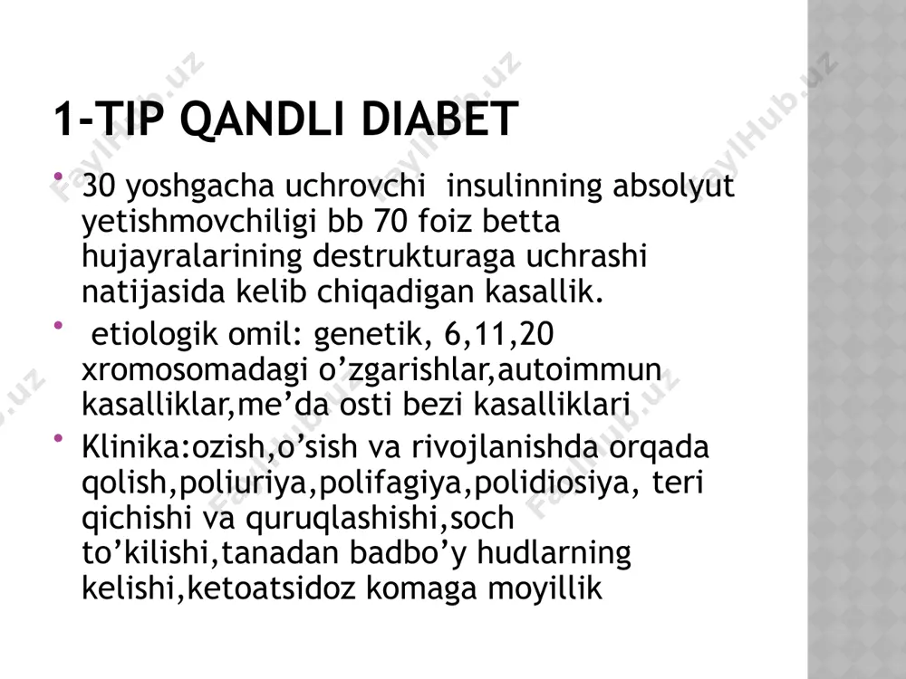 i qandli diabetning eng og’ir asoratlaridan hisoblanadi. qandli diabeti bor ayollarda homiladorlik og’ir kechib, homila tushishi, ko’p suvlilik,kechki toksikozlar, shishlar paydo bo’lishi va eklampsiya ro’y berishi mumkin. qandli diabeti bor ayollar homilador bo’lishidan 2-3 oy oldin davolanishlari shart. chunki homiladorlikning birinchi 8-10 haftalarida qondagi qand miqdori baland bo’lsa homilada tug’ma nuqsonlar yuzaga kelishi mumkin. barcha yo’ldosh xastaliklarni ham aniqlab davolash kk bo’ladi.40 yoshga yaqinlashgan ayollarda homiladorlikning erta davrida hb 10 foizdan yuqori yoki diabet ketoatsidozi bo’lganda homiladorlik tavsiya etilmaydi.homila saqlanib qolingan hollarda ayollar akusher-ginekolog, ko’z shifokori,diabetolog va boshqalar nazoratida bo’lishi shart. gestatsion diabet homiladorlik paytida rivojlanishi mumkin va bu qon glyukoza miqdorining oshishiga olib keladi. homiladorlik paytida insulinga bo’lgan ehtiyoj tabiiy ravishda oshadi. gestatsion diabet agar insulin ishlab chiqarish talabining o’sishiga to’g’ri kelmasa rivojlanadi va homiladorlik davrida tanadagi insulin ishlab chiqarish yetarli darajada oshmasa paydo bo’ladi. gestatsion diabet homiladorlikning oddiy beldilaridan tashqari hech qanday alomatlardiz rivojlanishi mumkin. onalar sog’lom ovqatlar …