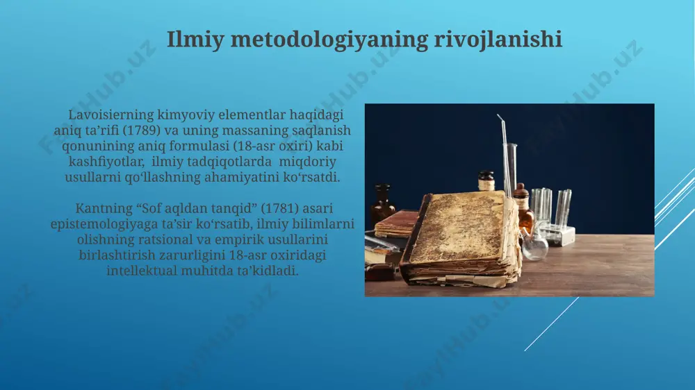 yya" singari ta’lim muassasalarida 300 dan ortiq talaba matematika, astronomiya va tibbiyot kabi fanlarni o‘rgangan. yer haqida yangi tasavvurlar: geologiya va paleontologiyaning rivojlanishi 19-asr boshlarida, angliyada va fransiyada olib borilgan qazishmalar natijasida dinozavrlar va boshqa ulkan, o'lik hayvonlarning suyaklari topildi, bu esa yer haqidagi avvalgi tasavvurlarni tubdan o'zgartirdi. 18-asr oxiri va 19-asr boshlarida, masalan, jeyms xuttonning "chuqur vaqt" nazariyasi, yer yuzining geologik jarayonlar orqali asta-sekin shakllanishini 4 milliard yildan ortiq davrni o'z ichiga olgan holda tasvirlab berdi. ilm va texnologiyalarning jamiyatga ta'siri 19-asr boshlarida amerika qo'shma shtatlarida ixtirochilikning tez sur'atlarda rivojlanishi natijasida 1830-yillarga kelib, 500 dan ortiq patent olingan, bu yangi texnologiyalar jamiyatga tez sur'atlar bilan ta'sir ko'rsatganidan dalolat beradi. fransiya inqilobi (1789) davrida yangi siyosiy g'oyalar va ilmiy bilimlar tarqalishi natijasida 30 yildan ortiq davom etgan napoleon urushlari boshlandi, bu esa evropaning siyosiy xaritasini o'zgartirdi. biologiya va tabiiy tarixdagi kashfiyotlar: linney va evolyutsion fikrlar jeysonning 1790-yillardagi tadqiqotlari, evropa va …