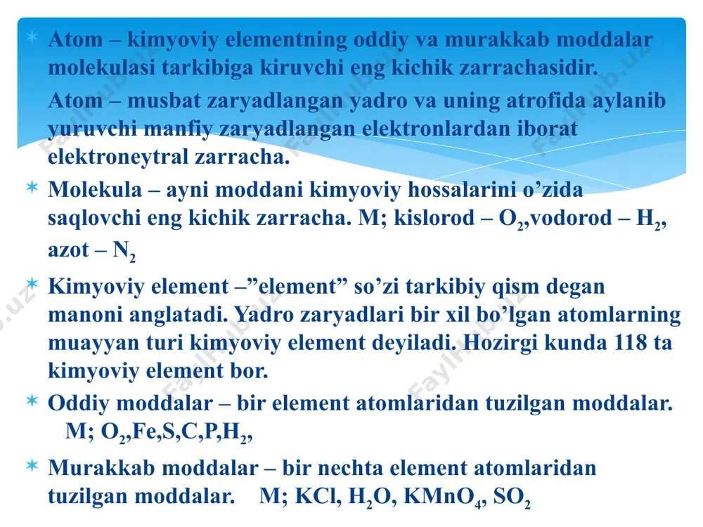 ashqari;te,as,sb,pu,fe va h.k allotropiya hodisasiga sabab 2 ta. 1) molekuladagi atomlar sonini turlicha bo’lishi. 2) kristal panjarasi turlicha bo’lishi. oltingugurt allotropiyasiga sabab temperatura. kimyoviy hodisa – modda tarkibini o’zgarishi bilan boradigan jarayonlar kimyoviy hodisa deyiladi; m; temirni zanglashi,mis sim ini havoda qorayishi fizik hodisa – modda tarkibi o’zgarmasdan boradigan jarayonlar; m; suvni muzlashi, yog’ni sovuqda qolishi, muzni suvga aylanishi. shamning erishi izotop – yadro zaryadlari bir xil,atom massalari turlicha bo’lgan atomlar turi m; 16o,17o,18o yoki 1h,2d,3t izobar – atom massalari bir xil,yadro zaryadlari turlicha bo’lgan atomlar turi. m; 40ar,40k,40ca yoki 28al,28si izoton – neytronlar soni bir xil,atom massa va yadro zaryadlari turlicha bo’lgan moddalar . m; al (27-13=14) si(28-14=14) yoki mg(24-12=12) na(23-11=12) izoelektron – elektronlar soni bir xil bo’lgan moddalar. m; nh3=10e ch4=10e h2o=10e ii.kimyoning asosiy qonunlari. massalar saqlanish qonuni (1748-yil lo monosov) – reaksiyaga kirishayotgan moddalar massasi reaksiyadan so’ng hosil bo’lgan moddalar massasiga hamma vaqt teng bo’ladi, massalar saqlanish …