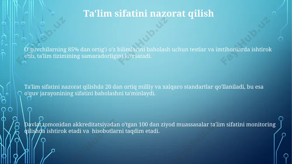 lari va raqamli texnologiyalarni qo'llash orqali o'quv jarayonining samaradorligini 25% ga oshirish maqsad qilingan. mamlakatning iqtisodiy taraqqiyoti uchun muhim ahamiyatga ega bo'lgan ikki tillilik (nemis, fransuz va boshqalar) dasturlari soni 2030 yilga kelib 15% ga oshishi kutilmoqda. shveytsariya ta'lim tizimining tuzilishi majburiy ta'lim 9 yil davom etadi va boshlang'ich (6 yil), keyinchalik o'rta ta'lim (3 yil) bosqichlaridan iborat bo'lib, o'quvchilarning individual ehtiyojlariga moslashtirilgan turli yo'nalishlarga ega. o'rta ta'limdan so'ng, o'quvchilar kasb-hunar ta'limi, gimnaziya (akademik yo'nalish) yoki boshqa turdagi o'rta maxsus ta'lim muassasalariga o'tishlari mumkin, bu esa 12 yillik majburiy ta'limdan keyin oliy ta'limga kirish imkoniyatini beradi. shveytsariya ta'lim tizimi 26 ta kantonning har birida biroz farq qilishi mumkin bo'lgan, dekentralizatsiyalashgan tuzilmaga ega bo'lib, bu o'quv dasturlarining xilma-xilligini keltirib chiqaradi. kasb-hunar ta'limi kasb-hunar ta'limi bitiruvchilarining 90% dan ortig'i mehnat bozorida muvaffaqiyatli ishga joylashadi. kasb-hunar ta'limi o'rtacha 2-4 yillik o'quv muddatiga ega bo'lib, 100 dan ortiq turdagi kasb-hunarlarni o'z ichiga oladi. sanoatning …