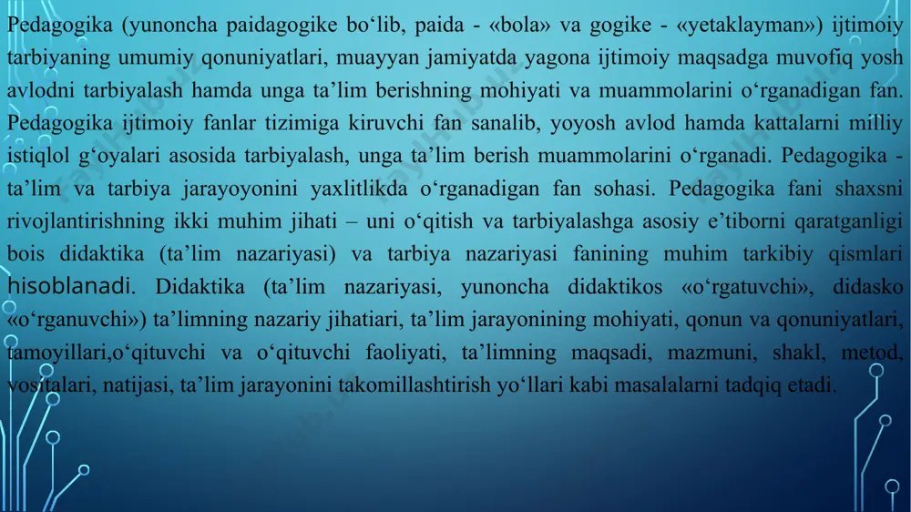 i ma’lumotga ega bo’linadi. pedagogik kuzatish murakkab va o’ziga xos xususiyatlarga ega. kuzatish aniq maqsad asosida, uzluksiz, izchil va tizimli amalga oshirilsa, kutilgan natijani qo’lga kiritish mumkin. olib borilayotgan pedagogik kuzatish ta’lim-tarbiya sifatini oshirish, o’quvchi shaxsini shakllantirishga xizmat qilsa, mazkur metodning ahamiyati yanada oshadi. pedagogik kuzatuvni tashkil etishda xatoga yo’l qo’ymaslik muhimdir. buning uchun tadqiqotchidan quyidagilar talab etiladi: kuzatuv jarayonida aniq maqsadga egalik; kuzatishni tizimli ravishda yo’lga qo’yish; kuzatishning har bir bosqchida muayyan vazifalarni hal etish; har bir holatning mohiyatini sinchiklab o’rganish; xulosa chiqarishga shoshilmaslik. suhbat metodi. bu metod pedagogik kuzatish jarayonida ega bo’lingan ma’lumotlarni boyitish, mavjud holatga to’g’ri baho berish, muammoning echimini topishga imkon beruvchi pedagogik shart-sharoitlarni yaratish, tajriba-sinov ishlari sub’ektlari imkoniyatlarini muammo echimiga jalb etishga yordam beradi. suhbat maqsadga muvofiq holda indiviudal, guruhli hamda ommaviy shaklda o’tkaziladi pedagogika fanini boshqa fanlar bilan aloqadorligi ijtimоiy tаrbiyа mоhiyаtini ilmiy jihаtdаn аsоslаsh mа’lum рedаgоgik hоdisаning muаyyаn vаziyаtlаrdа nаmоyоn bо‘lish qоnuniyаtlаrini bilishni …