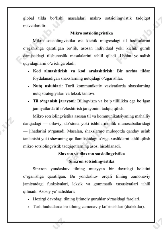 ma‘noni anglatadi. sotsiolingvistika sinxron va diaxron xususiyatlarga qarab tahlil etilar ekan, bu ikki til davrining ma‘lum o’xshash va farqli jihatlari mavjud. tilning butun tarkibi va uning qismlarini bugungi til o’rgansa, uning butun tarixiy taraqqiyotini, harakat evolyutsiyasini, diaxron tilshunoslik o’rganadi. agar tilning o’tmishi va tarixiga nazar tashlasak, bu masalada eramizdan avvalgi v asrga murojaat etamiz. chunki shu davrlarda hind grammatikasi normalari vujudga kelgan. u sanskrit deb yuritilgan. shuningdek, arab tilshunosligida ham uning grammatik qonun-qoidalari masalalari o’rganilgan. demak, diaxron sotsiolingvistikaning paydo bo’lishi shu kabi masalalar bilan bog’liq ekan. bu o’z-o’zidan xalq jonli tilining vujudga kelishini ta‘minlagan. vaholanki, buning zamirida aniq bir til taraqqiyoti sodir bo’lgan. diaxron tilshunoslik keyingi xix-xx asrlarda tarixiy taraqqiyot qonuniyatini to’liq ravishda bosib o’tdi. chunki ilmiy va ijtimoiy taraqqiyot uning tarixiy an‘analari, ma‘rifiy va ma‘rifiy-madaniy yuksalish, xalqlar o’rtasidagi o’zaro aloqalar uning yuksalishiga sabab bo’ldi. vaholanki, xix asrda til taraqqiyotining ilmiy potentsialligining o’zgarishi o’z-o’zidan mustaqil sinxron til doirasi shakllanishiga asos …