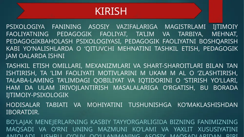 ashqari holatlarda amalga oshiriladi. menejment psixologiyasi - obyekt - moliyaviy va huquqiy munosabatlarda faoliyat yuritadigan foydali maqsadlarga yo'naltirilgan mustaqil tashkilotlarga kiradigan odamlardir. bohsqaruv psixologiyasi - tashkilotdagi aqliy hodisalar va munosabatlarning jamiyati. menejment psixologiyasi mavzusi menejer faoliyatining psixologik asoslari: ish faoliyatining psixofizyologik xususiyatlari, axborotni qayta ishlashning psixologik xususiyatlari, inson tomonidan inson in'ikosi mexanizmlari va odamlarning bir-biriga ta'siri mexanizmlari, mehnat jamoasini shakllantirishning psixologik xususiyatlari va unda shaxslararo munosabatlar, boshqaruv qarorlarini qabul qilishning psixologik xususiyatlari va umuman boshqaruv faoliyatining psixologik omillari. liderlik va rahbarlikni o‘rganish sabablari; • har bir guruhda bir kishi kichik jamoaning qolgan a’zolariga qaraganda ko‘proq ta’sirga ega va bu inson har bir guruhda juda muhim rol o‘ynaydi; • tashkilotlarning faoliyati samaradorligi past bo‘lganda, ekstremal vaziyatlarda bunday guruhlar rahbarlari yo‘q bo‘lsa vazifani bajara olmaydi; • rahbarlik - "boshliq-bo‘yso‘nuvchi"; liderlik – "lider-izdosh" kabi quyidagi tushunchalarga aniqlik kiritish uchun bu mavzu o‘z dolzarbligini yo‘qotmaydi. guruhlarda rahbarlik va liderlik liderlik - bu guruhning alohida …