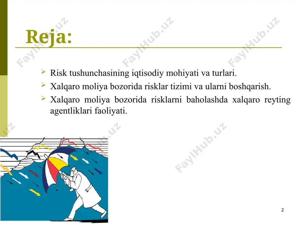 lash mumkin. ushbu korxonalardagi moliyaviy risklarni bir necha turlarga bo‘lish mumkin. * moliyaviy risk turlari * 1. moliyaviy barqarorlikni yo’qotish yoki kamayish riski 2. to’lov qobiliyatini yo’qotish riski 12. boshqa risklar 11. kriminogen risk (hujjatlar soxtalashtirilishi, kadrlar sotqinligi) 3. investitsion risk 10.tarkibiy risk (moliyaviy leverij buzilishi) 4. inflyatsiya riski 9.soliq riski 5. foiz daromadi riski 8. kredit riski 6. valyuta riski moliyaviy risk turlari 7. depozit riski 2. xalqaro moliya bozorida risklar tizimi va ularni boshqarish. xalqaro moliyaviy risk deganda yuqori turdagi moliya operatsiyalarini bajarish natijasida yuzaga kelishi mumkin bo‘lgan holatlarni hisobga olmaslik, kerakli imkoniyatlardan to‘g‘ri foydalanmaslik va bir qancha boshqa omillar ta’siri natijasida ishlab chiqarish samarasidan kutilayotgan moliyaviy daromadning keskin kamayish ehtimoli tushuniladi yoki qisqacha aytganda, moliya operatsiyalarini bajarish natijasida kutilayotgan moliyaviy daromadning bir qancha omillar ta’sirida keskin kamayishi yoki yo‘qotilish ehtimoli tushuniladi. * xalqaro moliya bozorining har bir ishtirokchisi kelajakdagi hodisalarning noaniqligi tufayli ma’lum darajada riskka duchor bo‘lishi …