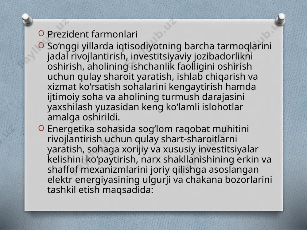 ilash lozim. ushbu preslarda eski turdagi puskatel va eski turdagi rele va avtomatlar o`rnatilgan. bu qurilmalar o`zing ishlash vaqtini o`tagan qurilmalar hisoblanadi. 1.https://uz.wikipedia.org/wiki/gidravlik_press, 2.fitzgerald. electric machinery, 6/e book. 2002, 3.berdievu.t., pirmatovn.b. elektromexanika. texnika oliy oquv yurtlarining “elektrtexnikasi, elektr mexanikasi va elektr texnologiyalari” va“elektr energetika” yo‘nalishi talabalari uchun darslik.– t.: shams-asa. 2014, 4. pirmatov n.b., mustafakulova g.n., mahmadiev g‘.m. «elektr mashinalari» kursidan. asinxronmotorlarni loyihalash». o‘quv qo‘llanma. -t.toshdtu, 201 foydalanilgan adabiyotlar image3.jpeg image4.png image5.jpg image6.jpg image7.png image8.emf image9.png xozirda “spektr’ korxonasida ishlab turgan stanoklar haqida ma’lumot № jixoz nomlari jixoz turi soni quvvati (kw) cos f 1 press (250t) jh21-250 1 24 0.86 2 press (100t) k2130c 3 9 0.85 3 press (100t) ke2330 3 7.5 0.85 4 press (100t) ke2130a 1 7.5 0.87 5 press (125t) jh21-125 1 11.5 0.86 6 press (100t) ke2330 0.2 1 7.5 0.84 7 press (63t) kd 2128 2 7.5 0.87 8 press (63t) kd 2128k …