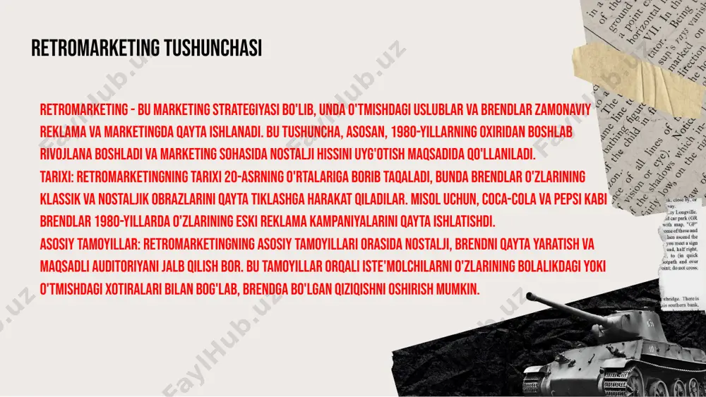 tatistik ma'lumotlar ham foydalidir: retromarketing strategiyalarini qo'llagan brendlar 30% ga ko'proq mijoz jalb qilishlari kuzatilgan. retromarketing strategiyalari 1. nostalgik reklama: ushbu strategiya eski reklamalar va brendlar orqali iste'molchilarda nostalgiya hislarini uyg'otadi. masalan, coca-cola 1980-yillarning retro uslubida reklama kampaniyalarini o'tkazdi va bu orqali eski iste'molchilarni qaytardi. 2. tarixiy kontekstda mahsulotlarni taqdim etish: mahsulotlarni o'z tarixiy kontekstida taqdim etish, iste'molchilarga brendning tarixini va uning rivojlanishini tushunishga yordam beradi. nike o'zining eski model krossovkalarini qayta chiqarish orqali bu strategiyani amalga oshirdi. 3. ijtimoiy tarmoqlarda retro mavzular: ijtimoiy tarmoqlarda nostaljik kontent yaratish, iste'molchilar bilan aloqani mustahkamlashga yordam beradi. misol sifatida, instagram'da retro fotosuratlar va hikoyalar orqali brendlar o'z auditoriyasiga murojaat qilishadi. 4. muvofiq tadqiqot: "fanta" brendi 90-yillarga oid savdo strategiyalarini o'rganib chiqib, o'z mahsulotlarini yangi avlodga moslab taklif etdi. ularning muvaffaqiyatli kampaniyasi brendga yangi iste'molchilarni jalb qildi. raqobatbardosh afzalliklar raqobatbardosh afzalliklar mijozlar bilan mustahkam munosabatlarni o'rnatishdan boshlanadi. bu strategiya, brendga sodiqlikni oshiradi va mijozlar …