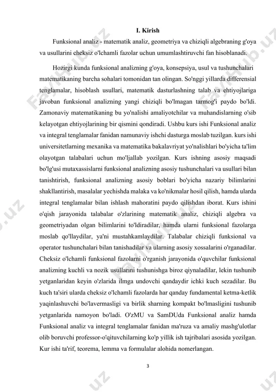 olishni individuallashtirish hamda masofaviy ta’lim tizimi texnalogiyasini, uning vositalalarini ishlab chiqarish, o’zlashtirish, yangi pedadogik va axborot texnologiyalari asosida o’quvchi va talabalarni o’qitishni jadallashtirish yanada dolzarb vazifalar sirasiga kiradi. ta’limni isloh qilish, yangi mazmundagi va zamon talabiga javob beradigan o’quv adabiyotlar, qo’llanmalarni yaratish va ilg’or pedagogik texnalogiyalarni joriy etishni taqozo etadi. ta’lim tizimidagi kamchiliklar, shu jumladan, matematika fanidan ham o’qitish uslubiyatini chetlab o’tmaydi. har bitta fanga alohida e’tibor berish, har bir mavzuni o’qitishda ma’suliyatli bo’lish o’qituvchi, professor, dosent va akademiklarning eng oliy maqsadi hisoblanadi. bizga ma’lumki matematika fani juda qiziqarli va shu bilan birga murakkab fan bo’lib ham hisoblanadi. ma’lumki, funksionla analiz fani nima uchun kerak, nima maqsadlarda foydalaniladi, uning yechimlari qanday topiladi kabi masalalar qaraladi. shu o’rinda bu mavzuga doir “qisman tartiblangan fazolar” mavzusidan bularga oid masalalar, misollar yechish kabi ishlar o’rganiladi. ushbu fikrlar tanlangan mavzuning qanchalik darajada dolzarb ekanligini ko’rsatadi. kurs ishining obyekti. oliy ta’lim muassasalarida “funksional analiz” fanini …
