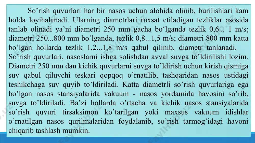 a tayyorlanishi mumkin. iii. aerasion armatura. bunday armaturalarga havo chiqaruvchi vantuzlar va havo kirituvchi qopqoqlar kiradi. vantuzlar davriy ravishda quvurlarga to’planib qoladigan havoni chiqarib turishga xizmat qiladi. ular sharli, dastali va membranali turlarga bo’linadi. iv. saqlovchi armatura suv sarfi yoki bosimni avtomatik ravishda chegaralab turishga xizmat qiladi. nasoslarning ish jarayonidagi o’tish (ishga solish va to’xtatish) davrlarida quvurlardagi bosimni chegaralash uchun saqlovchi tashlamali псу-100 qurilmasi, himoyalovchi gidravlik qopqon (кзг-120), gidravlik zarb so’ndiruvchi (гум) va saqlovchi qopqoq-vantuzlar qo’llanishi mumkin. bularni asosiy kamchiligi - bosim chegaralangan qiymatidan ortib ketganda, biroz kechikib ishga tushishi hisoblanadi. v. saqlovchi - to’suvchi armaturalarga suyuqlik oqimini teskari harakatini oldini oluvchi va nasoslarni bosimli quvurlardan ajratib qo’yuvchi teskari qopqoqlarkiradi. sanoatda tarelkasi yuqoriga osiladigan va ekssentrik o’qli teskari qopqoqlar ishlab chiqariladi. vi. yig’ish va o’tkazish armaturalari. stansiya ichki kommunikasiyalarini ochib - berkitilishini yengillashtirish uchun yig’ish ulamalari sifatida salnikli kompensator va payvandlanadigan po’lat ulamalar qo’llanadi. nasos stansiya binosi devoridan quvurlarni o’tkaziladigan …