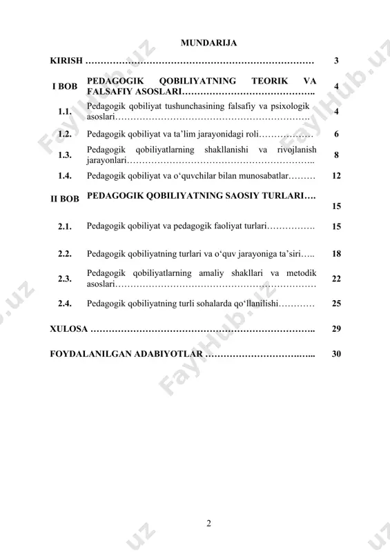 ta'lim tizimidagi ahamiyatini aniqlashdir. o‘quvchilarda siyosiy ongni rivojlantirish, fuqarolik mas'uliyatini shakllantirish va siyosiy faoliyatga qiziqish uyg‘otish orqali jamiyatdagi erkin va adolatli fuqarolarni tayyorlash. bundan tashqari, islom dini tarbiyasi va uning pedagogik g‘oyalari ham tahlil qilinadi. islomiy tarbiya qarashlarining ta'lim jarayoniga qo‘shgan hissasini o‘rganish va ularning ta'lim tizimiga tatbiqini o‘rganish maqsad qilingan. kurs ishida siyosiy pedagogikaning nazariy asoslari, siyosiy faoliyatga qiziqish uyg‘otishning metodologiyasi va o‘quvchilarda siyosiy ongni rivojlantirishda pedagogik qobiliyatlarning o‘rni tahlil qilinadi. shuningdek, islom dini ta'lim metodlarining jamiyatdagi amaliyotda qanday qo‘llanilishi va uning ta'lim jarayonidagi roli ham ko‘rib chiqiladi. kurs ishining obyekti: kurs ishining obyekti sifatida pedagogik qobiliyatlarning siyosiy turlari va ularning ta'lim jarayonidagi roli olinadi. bu mavzu doirasida siyosiy tarbiyaning ta'lim tizimidagi o‘rni, o‘quvchilarda siyosiy ongni rivojlantirish, ularning jamiyatdagi ijtimoiy faoliyatga tayyorlash masalalari o‘rganiladi. islom dini tarbiyasi, uning asosiy tamoyillari va pedagogik g‘oyalari ham tahlil qilinadi. i bob. pedagogik qobiliyatning teorik va falsafiy asoslari. 1.1. pedagogik qobiliyat tushunchasining falsafiy …