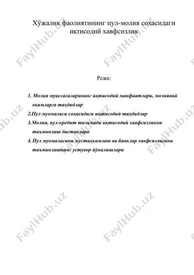 хўжалик фаолиятининг пул-молия соҳасидаги иқтисодий хавфсизлик — DOC