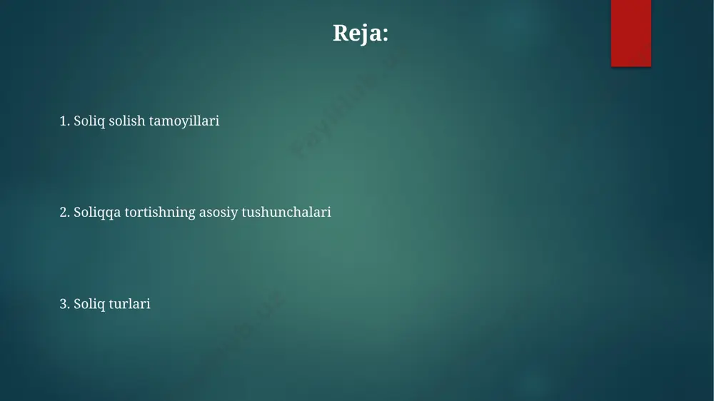 g'i (ayrim hollarda) ham to'g'ridan-to'g'ri soliq hisoblanishi mumkin. masalan, avtomobillarga soliq transport vositasining dvigatel hajmi va ishlab chiqarilgan yiliga qarab hisoblanadi. mulkiy soliqlar, jumladan, yer solig'i va mol-mulk solig'i to'g'ridan-to'g'ri soliqlar jumlasiga kiradi. ularning stavkalari mulkning qiymatiga qarab belgilanadi va mahalliy byudjetlarga tushadi. to'g'ridan-to'g'ri soliqlar jismoniy shaxslarning daromad solig'i (12 foiz stavka bo'yicha) va korporativ foyda solig'i (15 foiz stavka bo'yicha) kabi soliq turlarini o'z ichiga oladi va bevosita daromad yoki mol-mulkka undiriladi. aniqlik tamoyili aniqlik tamoyiliga ko'ra, soliq elementlari aniq belgilanishi lozim. bunda soliq ob'ekti, soliq bazasi, 5 turdagi soliq stavkalari va soliq imtiyozlari to'g'risida aniq ma'lumotlar bo'lishi shart. soliq miqdori, stavkalari, imtiyozlar va to'lash muddati 100 foiz aniq bo'lishi kerak. soliq qonunchiligida noaniqliklar tadbirkorlik sub'ektlariga 2 xil talqin qilinmasligi kerak. aniqlik tamoyili soliq sub'ektlariga qulaylik yaratishga yo'naltirilgan. bunda soliq to'lovchi qancha soliq to'lashi, 3 yillik moliyaviy rejasini tuzishga qanchalik ta'sir qilishini bilishi muhim. mulk solig'i soliq kodeksining 415-moddasiga …