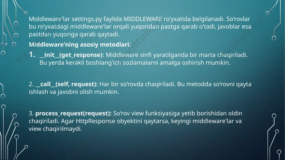 se obyektini qaytargan bo‘lsa, bu metod chaqiriladi. bu yerda shablon nomini yoki kontekst ma'lumotlarini o‘zgartirish mumkin. controller (view) dan oldin va keyin ma’lumotlarni qayta ishlash django'da foydalanuvchidan kelgan so‘rov (request) avval middleware qatlamlari orqali o‘tadi, shundan keyin view (ya’ni controller) chaqiriladi. view ishlagach, qaytgan javob (response) yana middleware’lardan o‘tib, foydalanuvchiga yuboriladi. demak, middleware view’ga oldin ham, keyin ham aralasha oladi. viewdan oldin ma’lumotlarni qayta ishlash bu bosqichda middleware quyidagi ishlarni bajarishi mumkin: - so‘rov haqida log yozish (masalan, foydalanuvchi ip manzili, vaqt) - foydalanuvchini autentifikatsiya qilish (kirgan yoki kirmaganini tekshirish) - kirish huquqini tekshirish (adminmi, oddiy foydalanuvchimi) - caching: so‘rovga nisbatan javob avvaldan mavjud bo‘lsa, view’ni chaqirmay turib, shu javobni yuborish - so‘rov noto‘g‘ri yoki ruxsat etilmagan bo‘lsa, view’ga o‘tmasdan darhol javob qaytarish amaliy misol (autentifikatsiya tekshiruvi): class authcheckmiddleware: def __init__(self, get_response): self.get_response = get_response def __call__(self, request): if not request.user.is_authenticated: return httpresponse("siz avval tizimga kiring.") response = self.get_response(request) return …
