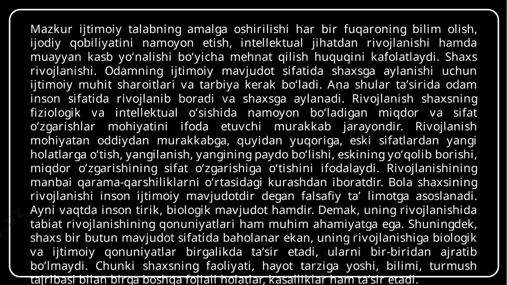 sh jarayoni va natijasi. ijtimoiylashuv jarayoni o‘zining sifat xususiyatlariga, tarkibiga, qonuniyatlariga, omillariga, shartsharoitlariga, boshqarilishiga va ijtimoiylashgan insonda namoyon bo‘lishiga (uning xususiyatlari, sifatlari, o‘ziga xosliklari) ko‘ra murakkabdir. ana shu sababli u o‘zida turli fanlar tomonidan ko‘rib chiqiladigan ijtimoiylashuvning xilma-xil - madaniy, axloqiy, xuquqiy, mehnat, psixologik ko‘rinishlarini aks ettiradi. xulosa xulosa o‘rnida shuni aytish mumkunki, har qanday jamiyat rivojlanish jarayonida ijtimoiy va axloqiy qadriyatlar, ideallar, axloqiy me`yorlar va qoidalar tizimini ishlab chiqadi, har bir bola yuqoridagi qoidalarni qabul qilib, o’rganib mazkur jamiyatda yashash, uning a`zosi bo’lish imkoniyatiga ega bo’ladi. buning uchun jamiyat u yoki bu shaklda shaxsga maqsadga muvofiq ta`sir etadi. bu ta`sir ta’lim vositasida amalga oshadi. ikkinchi tomondan, shaxsning shakllanishiga turli g`oyalar, ijtimoiy muhit ta`sir ko’rsatadi. odamlar ijtimoiy me`yorlar va axloqiy qoidalar bilan munosabatga kirishadilar va uni o’rganadilar. ijtimoiylashuv jaravoni ichki qaramaqarshiliklarga ega. ijtimoiylashgan inson jamiyat talablariga mos kelishi, unga «kirishib» ketishi, jamiyat rivojlanishidagi salbiy jihatlarga, shaxsning individual rivojlanishiga to’sqinlik qiluvchi …