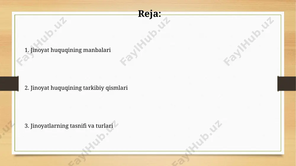 oddasiga muvofiq, og'ir jinoyat hisoblanadi va 5 yildan 10 yilgacha ozodlikdan mahrum qilish bilan jazolanadi. jinoyatning subyektiv tomoni жиноятнинг субъектив томонини аниқлашда, шахснинг ақлий имкониятлари, 35-моддадаги ақли заифлик ёки руҳий касаллик каби омилларни ҳисобга олиш, навоий вилоятидаги экспертиза муассасаларининг тажрибасига кўра, муҳим аҳамиятга эга. жиноят субъектининг ҳуқуқий аҳамиятга эга бўлган руҳий ҳолати, масалан, 14 ёшга тўлмаган шахсларнинг жиноий жавобгарлигининг чекланиши, тошкент шаҳридаги суд амалиётида кўплаб масалаларни келтириб чиқаради. jinoyat jazosi turlari o‘zbekiston respublikasi jinoyat kodeksining 40 dan ortiq moddasi, 5 yildan 15 yilgacha ozodlikdan mahrum qilishni nazarda tutuvchi og‘ir jinoyatlarni, jumladan, samarqand viloyati bo‘yicha hujjatlarni soxtalashtirishni o‘z ichiga oladi. jinoyat kodeksining ma’muriy javobgarlikka oid 20 ga yaqin moddalari, 1000 dan 5000 gacha minimal ish haqining jarima sifatida qo‘llanilishini va ma’muriy qamoqqa olishni, masalan, nukus shahrida yo‘l harakati qoidalarini buzganlik uchun belgilaydi. jinoyat kodeksi va uning tuzilishi jinoyat kodeksi 1994-yilda qabul qilingan bo'lib, 4 bob, 426 ta modda va 11 qismdan …