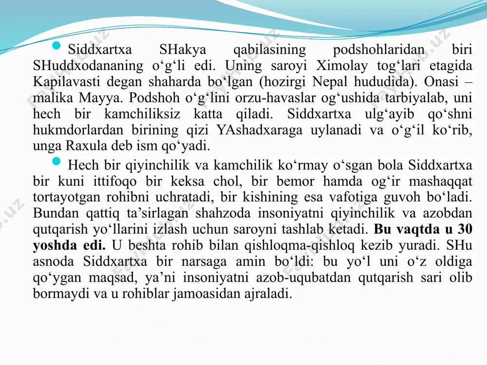 hsizlik bildirgan. uning fikricha, eng muhimi insonning shaxsiy kamoloti va ezgu turmush tarzidir. budda ta’limotining asosida «hayot – bu azob, uqubat» va «najot yo‘li mavjud» degan g‘oyalar yotadi. buddizm ta’limotiga ko‘ra, inson o‘ziga xos mavjudot bo‘lib, tug‘iladi, o‘zini o‘zi halok qiladi yoki qutqaradi. bu g‘oyalar buddaning ilk da’vatida ta’birlangan to‘rt haqiqatda o‘z ifodasini topgan. buddaning to‘rt haqiqati birinchi haqiqat – «azob-uqubat mavjuddir». har bir tirik jon uni boshidan kechiradi, shuning uchun har qanday dunyoviy hayot – qiynoq, azob-uqubatdir. tug‘ilish – qiynoq, kasallik – azob, o‘lim – kulfat, qiyinchilikka duch kelish – mashaqqat, ayriliq – ezilish, orzu-havasga etolmaslik – uqubat. dunyo tuzilishining asosiy qonuni bir-biriga bog‘liqlik. hech bir narsa ma’lum sababsiz yaralmaydi. lekin har bir hodisa yoki harakatning birlamchi sababini aniqlash mumkin emas. shuning uchun buddizm dunyoni shu holicha qabul qilishga chaqiradi. buddizm ta’limotiga ko‘ra, har qanday narsa yoki hodisa u xoh moddiy, xoh ma’naviy bo‘lsin, dharma (element)lardan tashkil topgan. harakatdagi …