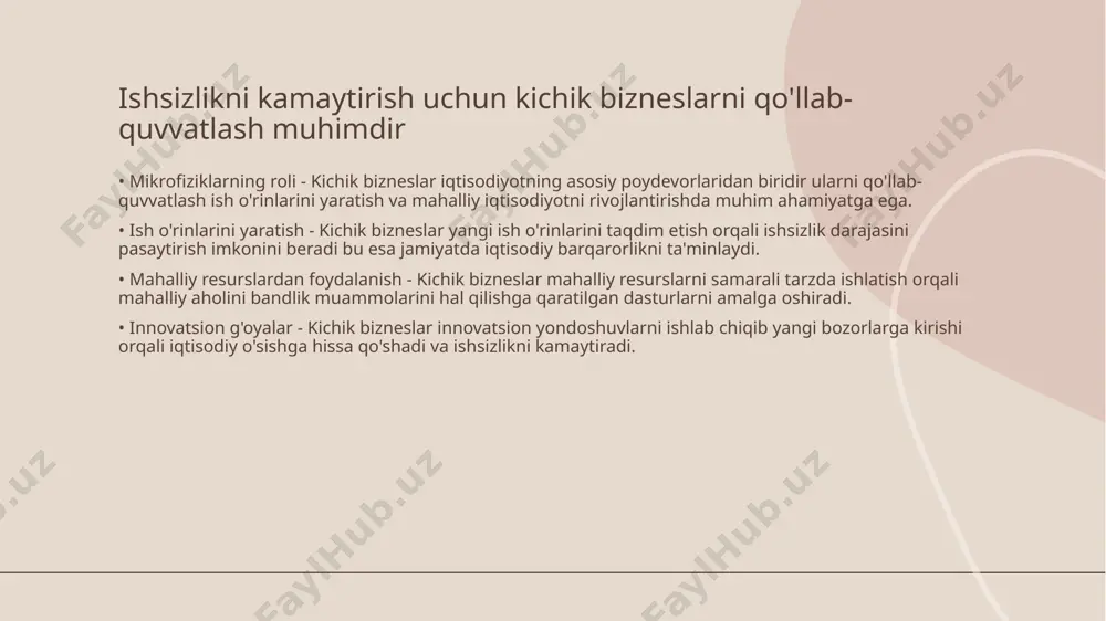 rqaror rivojlanish - samarali resurslardan foydalanish barqaror rivojlanish uchun zaruriy shart bo'lib, ekologik muvozanatni ham saqlaydi. • kooperatsiya va hamkorlik - mahalliy ishlab chiqaruvchilar va davlat o'rtasidagi hamkorlik mahalliy iqtisodiyotning o'sishiga xizmat qiladi. ishsizlikni kamaytirishda gender tengligini ta'minlash muhim ahamiyatga ega • gender tengligi va iqtisodiy o'sish - gender tengligi ta'minlangan jamiyatlar iqtisodiy o'sishga erishishga qodir bo'ladi. ayollarning iqtisodiy faoliyatga keng jalb qilinishi resurslarni samarali ishlatishni ta'minlaydi. • ish o'rinlarini yaratish - ayollar va erkaklarning teng imkoniyatlarga ega bo'lishi yangi ish o'rinlarini yaratishga yordam beradi. bu barcha jamiyat a'zolarining ijtimoiy farovonligini oshiradi. ishchi kuchining sifatini oshirish uchun ilmiy tadqiqotlar o'tkazish zarur • ilmiy tadqiqotlar ahamiyati - ilmiy tadqiqotlar ishchi kuchining sifatini oshirishda muhim rol oynamaydi. ular yangi metodlar va innovatsiyalarni kiritish imkonini beradi. • o'quv dasturlari - yangi o'quv dasturlarini yaratish va rivojlantirish uchun tadqiqot sifatli malakali ishchilar tayyorlashda yordam beradi. • ish tajribasi va tadqiqotlar - ish tajribasini tadqiq …