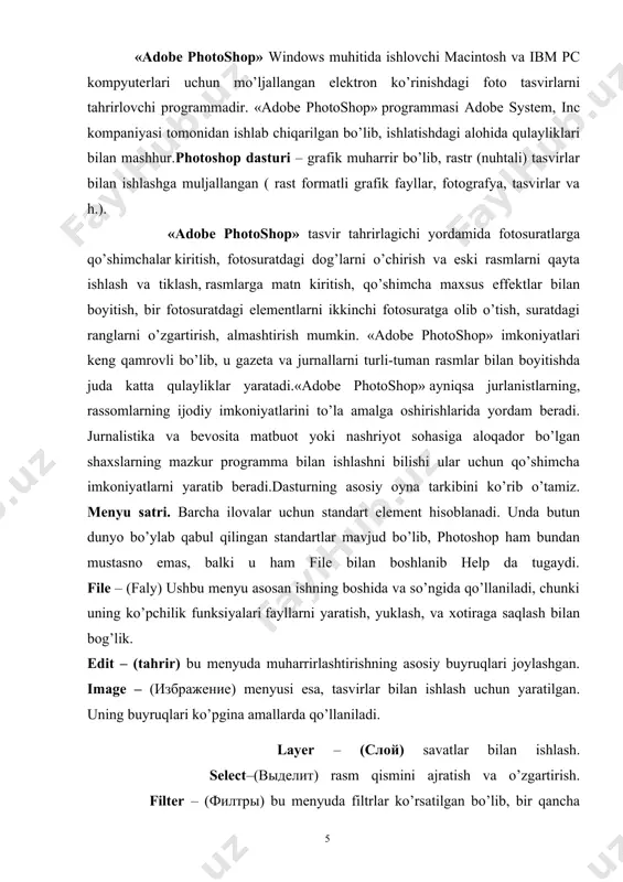 m mumkin. keyin foydalanish uchun foydalanuvchi hujjat o‘lchamini saqlab olish imkoniyati mavjud. andozalar va o‘lcham andozalari andozalar hujjat uchun andoza va qayta ishlanadigan elementlarni taqdim etadi. sifatli tasvirlar va grafiklardan tashkil topgan andozalarni photoshop dasturi ichidan adobe stock dan yuklab olish mumkin. ushbu andozalar asosida belgilangan xususiyat va dizayn elementlariga ega hujjat yaratib olish mumkin. andozalar .psd kengaytmasiga ega. bo‘sh hujjat o‘lcham andozalari - oldindan belgilangan o‘lcham va xususiyatga ega bo‘sh hujjat. o‘lcham andozalari ma’lum qurilmalar uchun hujjat yaratishni osonlashtiradi. bo‘sh hujjat o‘lcham andozasi oldindan belgilangan o‘lcham, rang rejimi, o‘lchov birligi, yo‘nalishi, joylashishi va nuqtalar zichligi kabi xususiyatlariga ega. andozalar va o‘lcham andozalarni quyidagi guruhlarga bo‘lish mumkin: · tasvir; · chop etiluvchi; · grafik; · veb; · mobil; · video. yangi hujjat yaratish dialog oynasi yangi hujjat yaratish dialog oynasini ochish uchun photoshop dasturini ishga tushirib quyidagilardan birini amalga oshirish kerak: · ctrl+n tugmalar kombinatsiyasini bosish; · file menyusidan new …