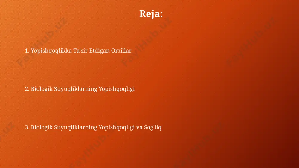 'lchangan qiymatlar 37°c da o'lchangan qiymatlardan taxminan 10-15% past bo'ladi. biologik suyuqliklarning yopishqoqligi suyak suyagining yopishqoqligi, uning tarkibidagi hujayra va oqsil miqdoriga bog'liq holda, taxminan 2-10 mpa·s oralig'ida o'zgarib turadi va bu suyok iligi transplantatsiyasi jarayonlarida muhim ahamiyatga ega. shilliq pardalarning yopishqoqligi, masalan, bronxlarning shilliq pardasining yopishqoqligi 1 dan 10 mpa·s gacha o'zgarib, nafas olish tizimining funksiyasi uchun muhim rol o'ynaydi va kasalliklarda o'zgarishi mumkin. qon plazmasining yopishqoqligi qon plazmasining yopishqoqligi taxminan 1.2-1.5 mpa·s ga teng bo'lib, bu suvning yopishqoqligidan birmuncha yuqori va haroratga bog'liqdir, masalan, 37°c da o'lchanadi. qon plazmasining yopishqoqligi o'zgarishlari, masalan, 20% ga oshishi, ba'zi kasalliklar, jumladan, jigar sirrozi va buyrak yetishmovchiligi kabi holatlarning ko'rsatkichi bo'lishi mumkin. qon yopishqoqligiga ta'sir etgan omillar qon plazmasidagi albumin va globulin kabi oqsillar miqdorining o'zgarishi, masalan, jigar kasalliklari natijasida, qonning yopishqoqligiga sezilarli ta'sir ko'rsatib, uning reologik xususiyatlarini o'zgartirishi mumkin. haroratning o'zgarishi, xususan, 37°c dan yuqori yoki pastdagi haroratlar, qon plazmasidagi oqsillar …