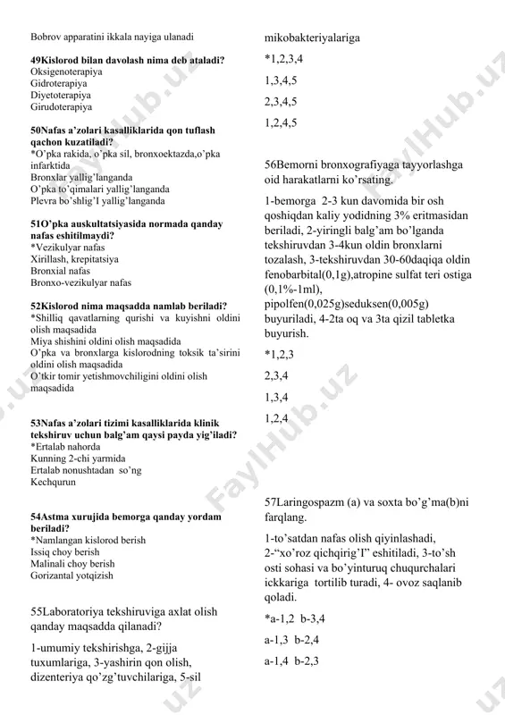 huriya diurez enurez 42tunda siydik tuta olmaslik nima deb ataladi ? *tungi enurez diurez poliuriya anuriya 43muzli xaltacha isitmaning nechanchi davrida qo'llaniladi? *iii davrida i davrida i-iii davrida i-ii davrida 44auskultatsiya tеkshirish usulini yaratgan olim: *laenеk esmarx kussmaul auebrеrgеr 45 gipotaniyada birinchi yordam? *isitgich qo’yish, shirin choy va kofe ichirish oyoqni 30-40 sm tushurish oyoqqa muzli xaltacha qo’yish vanna qabul qildirish 46nafas olishning tezlashishi qanday ataladi? *taxipnoe apnoe bradipnoe dispnoe 47kislorodni namlashda qaysi apparatdan foydalaniladi? *bobrov poten spirometr dinamometr 48kislorod yostiqchasidan kislorod berilganda, qanday namlanadi? *doka salfetkani suvga namlagan holda kislorod yostig’iga suv solinadi bobrov apparatining kalta nayiga ulanadi bobrov apparatini ikkala nayiga ulanadi 49kislorod bilan davolash nima deb ataladi? oksigenoterapiya gidroterapiya diyetoterapiya girudoterapiya 50nafas a’zolari kasalliklarida qon tuflash qachon kuzatiladi? *o’pka rakida, o’pka sil, bronxoektazda,o’pka infarktida bronxlar yallig’langanda o’pka to’qimalari yallig’langanda plevra bo’shlig’i yallig’langanda 51o’pka auskultatsiyasida normada qanday nafas eshitilmaydi? *vezikulyar nafas xirillash, krepitatsiya bronxial nafas bronxo-vezikulyar nafas 52kislorod …