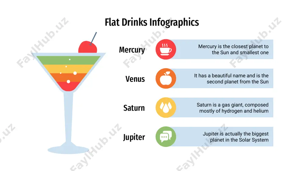 cs jan feb mar apr may jun jul aug sep oct nov dec mercury mars venus jupiter flat drinks infographics mercury it’s the closest planet to the sun a venus venus is the second planet from the sun b jupiter jupiter is the biggest planet of them all c mars despite being red, mars is a cold place d flat drinks infographics 01 despite being red, mars is a very cold place full of iron dust mars 02 jupiter is a gas giant and the biggest planet of them all jupiter 03 mercury is the closest planet to the sun and the smallest mercury flat drinks infographics saturn saturn is the ringed and a gas giant planet venus venus is the second planet from the sun jupiter jupiter is a gas giant and the biggest planet mercury is the closest planet to the sun mercury flat drinks infographics saturn saturn …