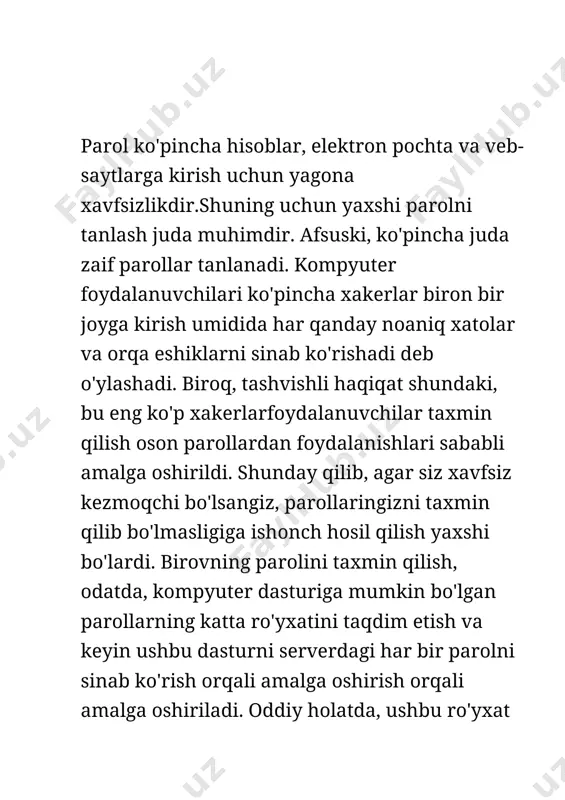 1. barcha parollaringizni muntazam ravishda o'zgartiring, masalan har ikki yoki uch oyda. yangi parol haqiqatan ham eskirganidan farq qiladi va faqat boshqa raqam bilan tugamaydi, masalan. 2. hech qachon boshqalarga parollarni qanday yaratishda foydalanganingizni aytmang. eski parollarni ham oshkor qilmang. boshqalari yordamida sizning hozirgi parolingiz nima ekanligini osongina aniqlashingiz mumkin. 3. hech qachon bir xil parolni turli tizimlar uchun ishlatmang, ayniqsa agar bunday tizimlardan biri veb-sayt bo'lsa. ushbu parollar sizning dial-up hisobingiz parollariga qaraganda ancha himoyasiz. 4. agar barcha parollaringizni eslab qolsangiz, muntazam ravishda tekshirib turing. bu siz hech narsani unutmasligingizni ta'minlashning eng yaxshi usuli. 5. hech qachon parollarni kompyuteringiz yonida saqlashga harakat qilmang. parolni kiritgandan so'ng, provayderingizdan olgan parollar bilan harflarni yo'q qiling. asosiy qism: parollarni boshqarish tizimlari axborot xavfsizligini ta'minlash- bu foydalanuvchining axborotlarini himoyalashga quyilgan me'yor va talablarni bajarishidir. axborot xavfsizligi esa bu axborot foydalanuvchilariga va ko'plab axborot tizimlariga zarar keltiruvchi tabiiy yoki sun'iy xarakterga ega tasodifiy va …