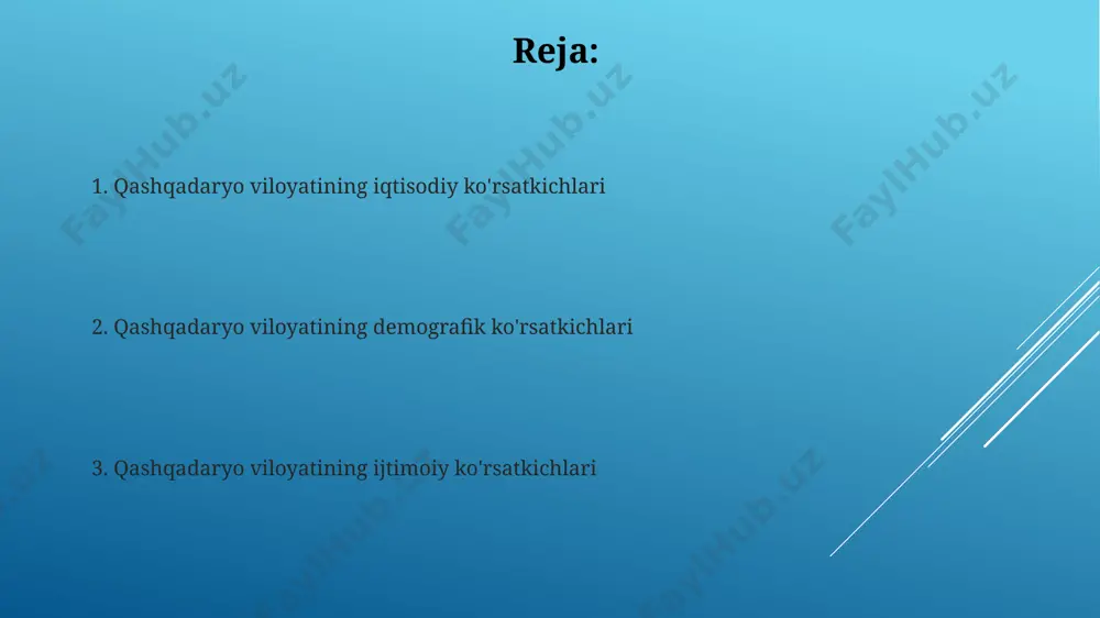 ransport aloqasini yaxshilaydi. kitob tumanida joylashgan "shahrisabz" aeroporti 2024 yilga qadar kengaytiriladi va modernizatsiya qilinadi, yo'lovchi tashish hajmini 2 baravarga oshirishni maqsad qiladi. qashqadaryo viloyatining xalqaro hamkorligi ko'rsatkichlari qarshi shahrida joylashgan erkin iqtisodiy zona 2024-yilga kelib 50 dan ortiq xorijiy kompaniyalar bilan hamkorlikni o'rnatdi va 1000 dan ortiq yangi ish o'rinlari yaratildi, bu esa viloyat iqtisodiyotining rivojlanishiga sezilarli hissa qo'shdi. qashqadaryo viloyati 2022-yilda 15 dan ortiq davlat bilan savdo-iqtisodiy hamkorlikni amalga oshirdi, eksport hajmi 50 million aqsh dollaridan oshdi, asosan paxta va meva-sabzavot mahsulotlari eksport qilindi. qashqadaryo viloyatining ijtimoiy soha ko'rsatkichlari қашқадарё вилоятининг карши шаҳридаги касалхоналарда 2023 йилнинг биринчи чорагида 10 мингга яқин бемор амбулатория ва стационар даволанган, бу ўтган йилнинг шу даврига нисбатан 15% га кўп. вилоят бўйлаб 2022 йилда 500 дан ортиқ янги иш ўринлари яратилган, бунинг натижасида ишсизлик даражаси қашқадарёнинг чироқчи туманида 2% га пасайган. qashqadaryo viloyatining sanoati ko'rsatkichlari qashqadaryo viloyatining oziq-ovqat sanoati, ayniqsa, meva-sabzavot konservalash va …