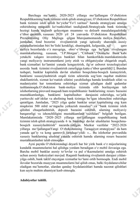 ofiq, tijoradorat banklarining mini-banklar tashkil etish bilan bog'liq xarajatlari ham soliq undirish ba­zasidan chiqarildi. shu tariqa, asosiy e'tibor pul muomalasini mustahkamlash va milliy valyuta, uning ayirboshlash kursi barqarorligini oshirish bo'yicha aniq chora-tadbirlarni amalga oshirishga qaratildi. bu esa fuqarolarda katta rag'bat uyg'otib, ularning banklarga nisbatan ishonchini yanada orttirdi. aholining banklarda depozit hisobraqamlar ochishga kirishishi bilan bog'liq ijobiy holatlar ko'paydi. banklarning depozit bazasi kapital hajmi oshdi, bu esa bank xizmatlari bozori shakllana boshladi. e'tiborlisi, bank xizmad qatoridan yangi xizmat turlari, masalan, lizing xizmatlari joy ola boshladi.shu o‘rinda dunyo xorijiy va mahalliy ekspertlarning qayd etishicha, so'nggi yillar davomida respublikada asosiy tamoyil —banklarda markazlashuv boshqaruv tizimdan uzoqlashish va bank faoliyatida liberal bozor tamoili talab va taklif asosida boshqaruv turiga o’tish va universallashtirishni kuzatilmoqda. bu esa bank ope­ratsiyalari mazmuni va kredit munosabatlari mohiyatini oldindan belgilab beradi. malumki hozirgi yetakchi dunyo mamlakadlari yangi zamonaviy yangi bank tizimi sharoyitiyildan yilga o’zgarmoqda va qulay va masofaviy smart bank …
