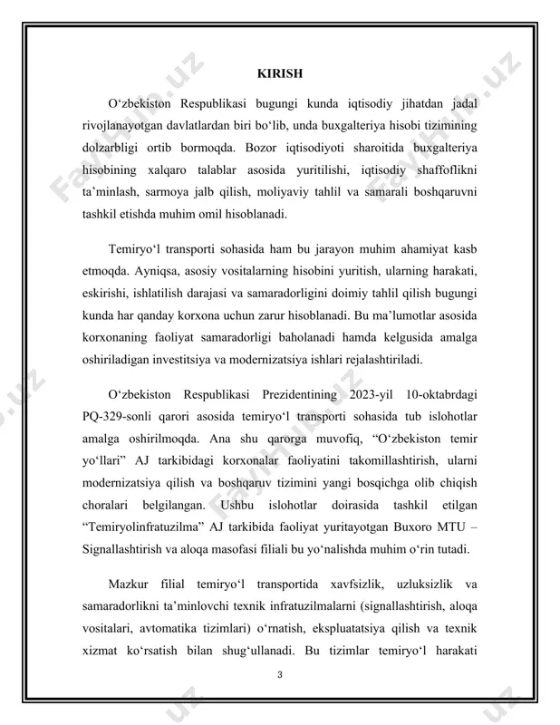 h joyimga borib, korxona faoliyati, xodimlari va buxgalteriya bo‘limi bilan tanishdim. amaliyot davomida aynan buxgalteriya bo‘limida faoliyat olib bordim va u yerda buxgalteriya hisobining yuritilishi, asosiy vositalar, ish haqi, hujjatlar aylanishi va avtomatlashtirilgan hisob tizimlari bilan bevositatanishdim. toshkent viloyati shch-1 temir yo'l ayirboshlash korxonasi 1970 yilda toshkent shahrida o'z faoliyatini boshlagan. korxona faoliyati asosan temir yo'l signalizatsiya tizimlarini ishlatishdan iborat. toshkent aloqa va signalizatsiya masofasi (shch-1) temir yo‘l xavfsizligini ta’minlovchi muhim tizimlar asosida faoliyat yurituvchi yuqori texnik birlikdir. aloqa va signalizatsiya uskunalari, shu jumladan shch-1 boshqaruv pultlarining to‘g‘ri ishlashi butun transport tizimining uzluksiz va xavfsiz ishlashini ta’minlaydi. shch-1 korxonasiga amaliyot o‘tash uchun borganimda dastlab kadrlar bo‘limi boshlig‘i bilan uchrashdim. u mening ism-familiyamni yozib, buxgalteriya bo‘limiga yubordi. qarasam, korxonaning buxgalteriya bo‘limida bir necha hisobchi ishlayotgan ekan. bular: asosiy vositalar bilan ishlaydiganlar, materiallar bilan ishlaydiganlar va ish haqini hisoblaydigan buxgalterlar va iqtisodchilar ham bor edi. amaliyot davomida men buxgalteriya hisobi bo‘yicha ko‘p …