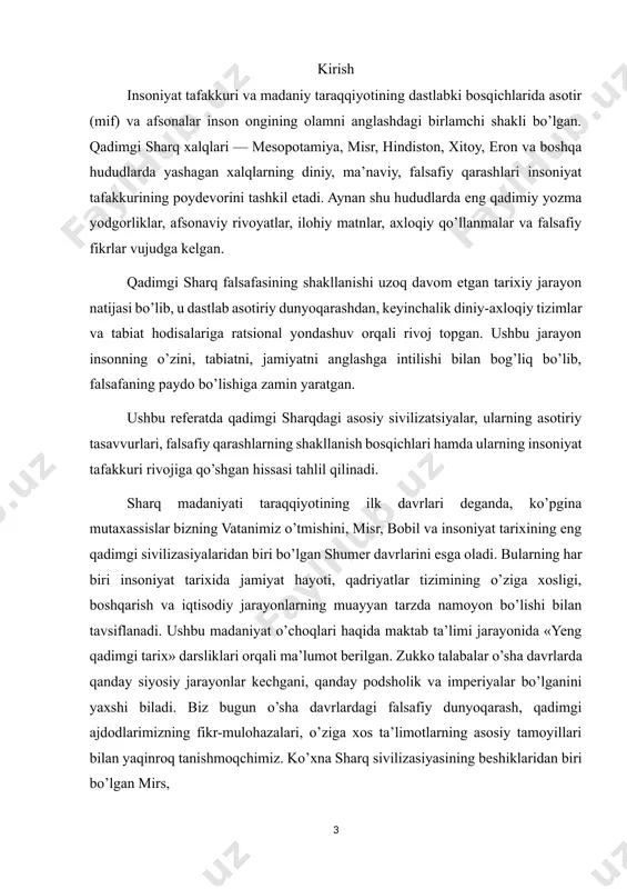 hhur “gilgamesh dostoni” insonning o’lmaslik orzusini, hayotning ma’nosi va adolat haqida falsafiy mulohazalarni aks ettiradi. shumer-bobil falsafasida quyosh, oy, yulduzlar ilohiy kuch sifatida e’tirof etilgan bo’lib, keyinchalik bu tushunchalar astronomiya, matematika va yozuv tizimining paydo bo’lishiga turtki bergan. qadimgi misrda dunyoqarash va falsafa misr sivilizatsiyasi nil daryosi bo’ylarida shakllangan. bu xalq hayotida “maat” — tartib, adolat, muvozanat tushunchasi asosiy o’rin tutgan. maat g’oyasi misr falsafasining poydevoridir. u tabiatdagi, jamiyatdagi va ilohiyotdagi uyg’unlikni ifoda etgan. misr mifologiyasida osiris, isis, horus, ra kabi xudolar hayot, o’lim va qayta tirilish ramzlari sifatida talqin qilingan. “o’liklar kitobi”da inson ruhi, uning bu dunyodagi amallari va oxiratdagi taqdiri haqida chuqur falsafiy qarashlar mavjud. bu asar axloqiy mas’uliyat, adolat va ilohiy tartib tushunchalarini rivojlantirgan. qadimgi eron sivilizatsiyasi va zardusht ta’limoti eron falsafasi zardusht (zarathustra) nomi bilan bog’liq. uning “avesto” asari qadimgi dunyo falsafasining muhim manbalaridan biridir. zardusht ta’limotiga ko’ra, olamda ikki qarama-qarshi kuch mavjud: ahuramazda (yaxshilik) va …