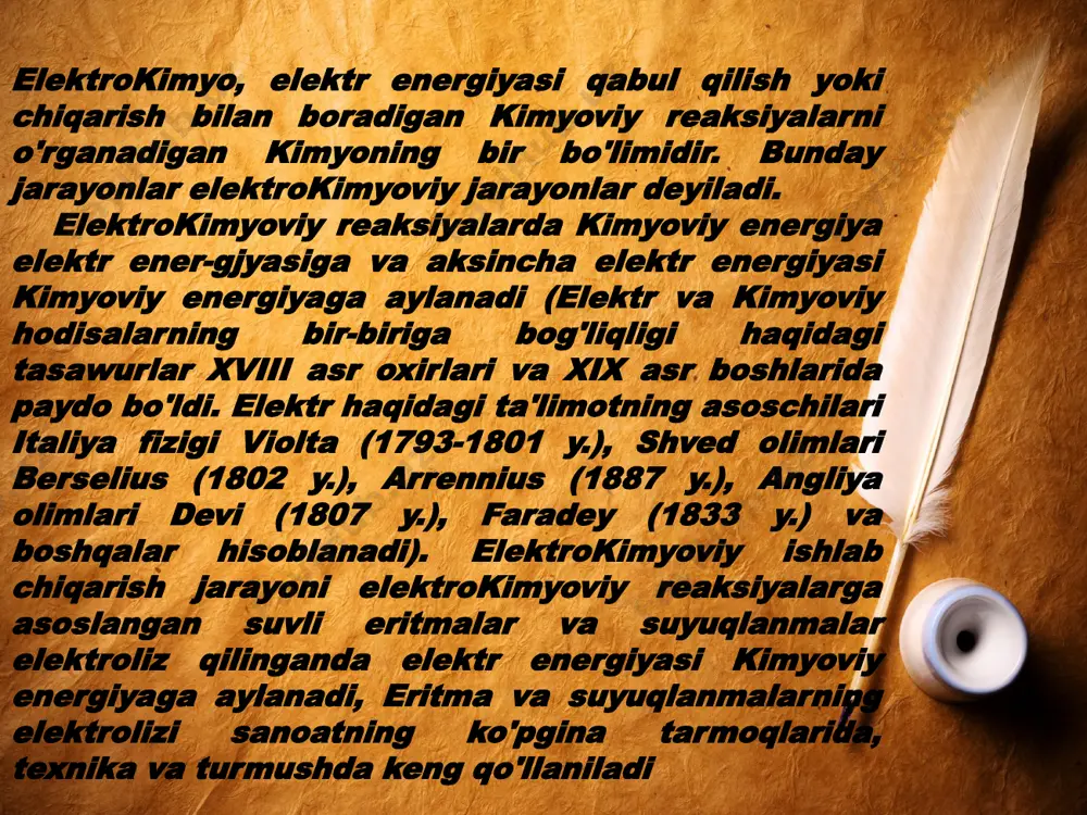 , — 101, 6°c da muzlaydi. o'tkir hidli, sariq-yashil rangli, zaharli gaz. xlor: xlororganik birikmalar (plastmassalar, erituvchilar, kauchuk, kimyoviy tola, zaharli kimyoviy birikmalar va boshqalar) olishda, metallurgiya (rudalarni xlorlab kuydirishda), to'qimachilik, sellyuloza - qog'oz sanoatlarida (oqartirish va tozalash uchun), ichimlikva oqova suvlarini tozalash, sterillash va boshqalarda juda keng qo'llaniladi. elektrolizning ikkinchi mahsuloti natriy gidrooksidi bo'lib, muhimligi jihatidan asosiy mahsulotdan (xlordan) qolishmaydi. natriy gidrooksidi qattiq, oq rangli suvda yaxshi eriydi, 328°c da suyuqlanadi. natriy gidrooksidi organik sintezda, sun'iy tola ishlab chiqarishda, sellyuloza va qog'oz olishda, sovun va aluminiy ishlab chiqarishda, neftni qayta ishlash sanoatida keng ko'lamda ishlatiladi nazorat savollari 1.elektroliz nazariyasining asoschisi kim? 2. elektroliz nima? 3. suvli eritmalar va suyuqlanmalar elektrolizining nazariy asoslarini tushuntiring? 4.natriy xlor eritmasining elektrolizi qanday amalga oshiriladi? e’tiboringiz uchun raxmat. image2.jpeg image3.jpeg