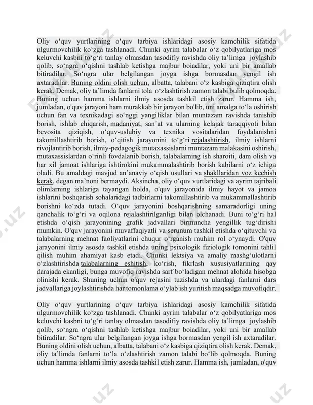 rga zamon talablari darajasida tarbiya berishni talab qiladi. talabalar oliy o‘quv yurti dargohiga o‘zlari tanlagan sohalari, mutaxassisliklari bo‘yicha fanlarning sirlarini sabr-toqat va matonat bilan o‘zlashtiradigan darajada boyitishlari lozim. endigi asosiy vazifa tayyorlanayotgan mutaxassislarning sifatini yanada yaxshilashga, ularning ijodiy fikrlovchi va tashabbuskor mutaxassislar qilib tayyorlashga erishishdan iboratdir. bu, o‘z navbatida, talabalarga ta’lim berishni tubdan yaxshilash va ularga zamon talablari darajasida tarbiya berishni talab qiladi. talabalar oliy o‘quv yurti dargohiga o‘zlari tanlagan sohalari, mutaxassisliklari bo‘yicha fanlarning sirlarini sabr-toqat va matonat bilan o‘zlashtiradigan darajada boyitishlari lozim. bunda auditoriyalarda o'qitiladigan ma’ruza va amaliy mashg‘ulotlarga faollik ko‘rsatish hamda mustaqil ishlashni to‘g‘ri uyushtira olish hal qiluvchi ahamiyatga ega boia oladi. talaba uchun har bir daqiqa g‘animatdir. oliy o‘quv yurtlarining o‘quv tarbiya ishlaridagi asosiy kamchilik sifatida ulgurmovchilik ko‘zga tashlanadi. chunki ayrim talabalar o‘z qobilyatlariga mos keluvchi kasbni to‘g‘ri tanlay olmasdan tasodifiy ravishda oliy ta’limga joylashib qolib, so‘ngra o‘qishni tashlab ketishga majbur boiadilar, yoki uni bir amallab bitiradilar. …